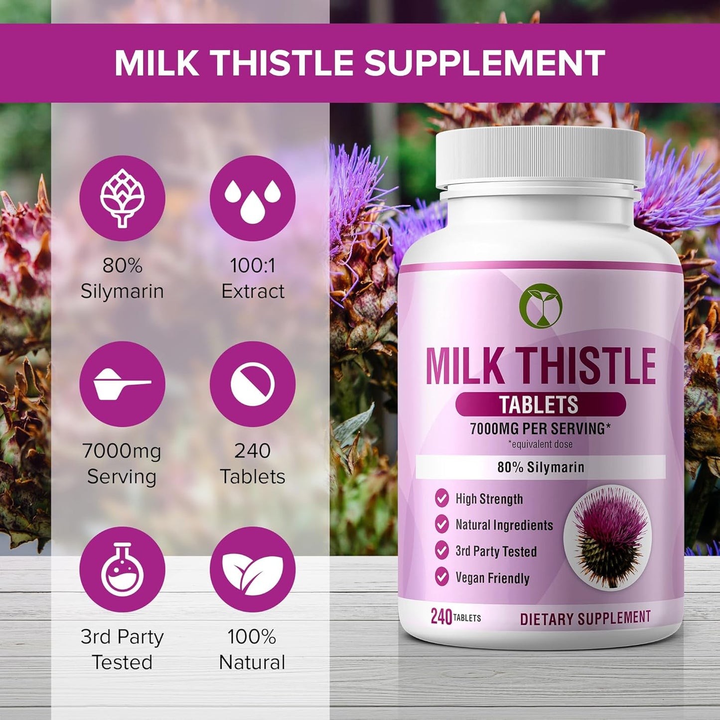 Liver Support Supplement: 240 Tablets of Milk Thistle 70mg 100:1 Extract with 80% Silymarin - Natural Daily Foundation for Liver Health - Made in USA, 3rd Party Tested