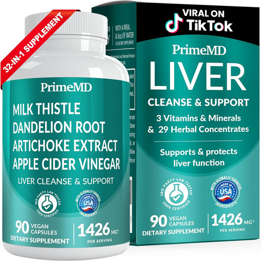 Liver Support Supplement with Milk Thistle, Artichoke Extract, and Beetroot Powder - 32-in-1 Liver Cleanse Detox and Repair Formula for Active Liver Health - 1426mg (90ct)
