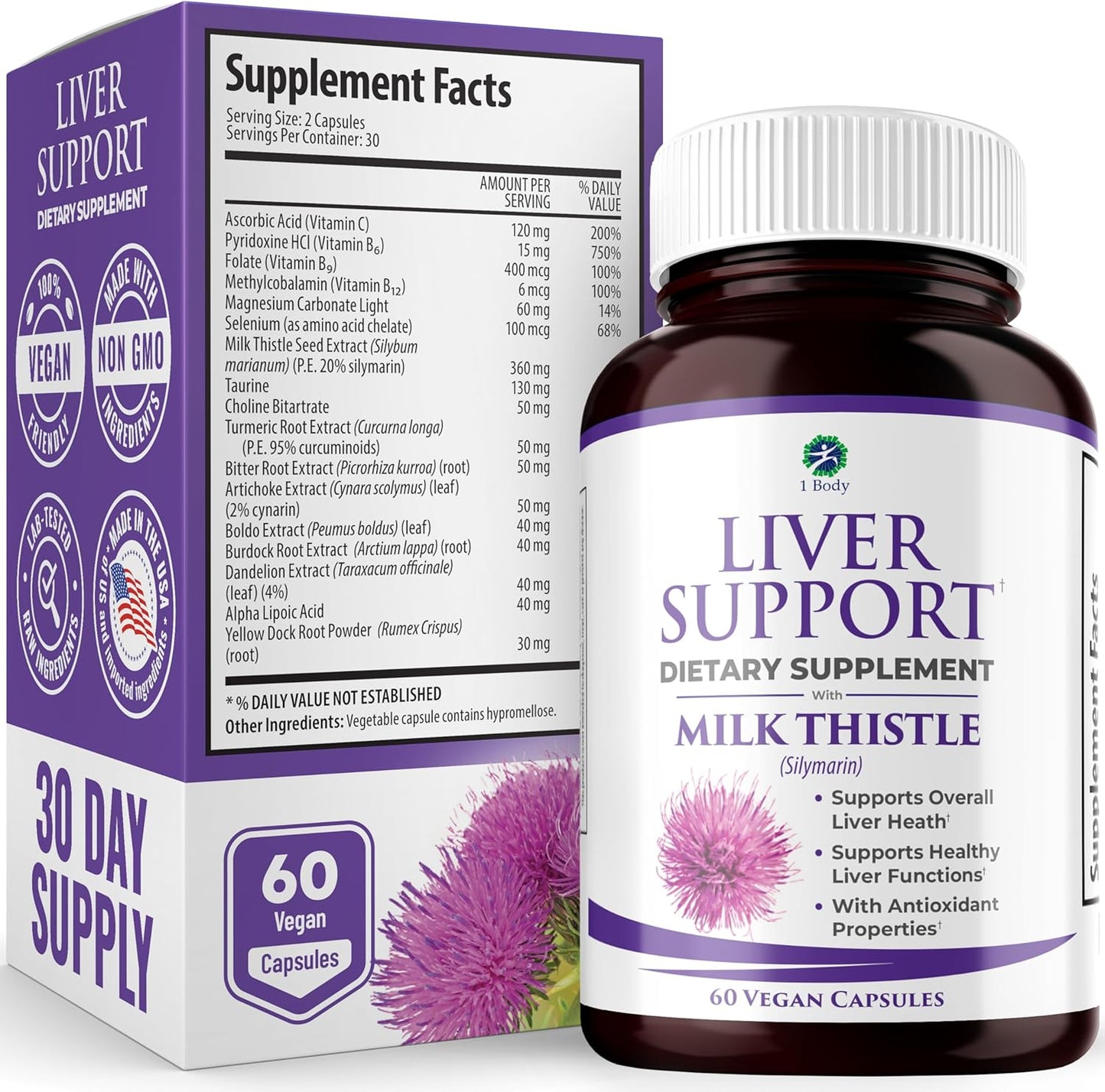 Liver Support Supplement with Milk Thistle, Turmeric, Dandelion, Artichoke, B12 - 60 Vegan Capsules