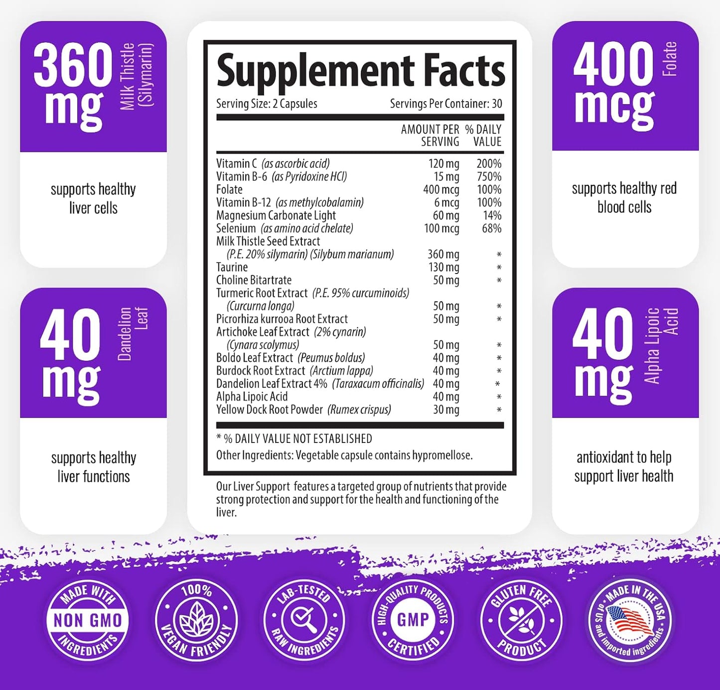Liver Support Supplement with Milk Thistle, Turmeric, Dandelion, Artichoke, B12 - 60 Vegan Capsules