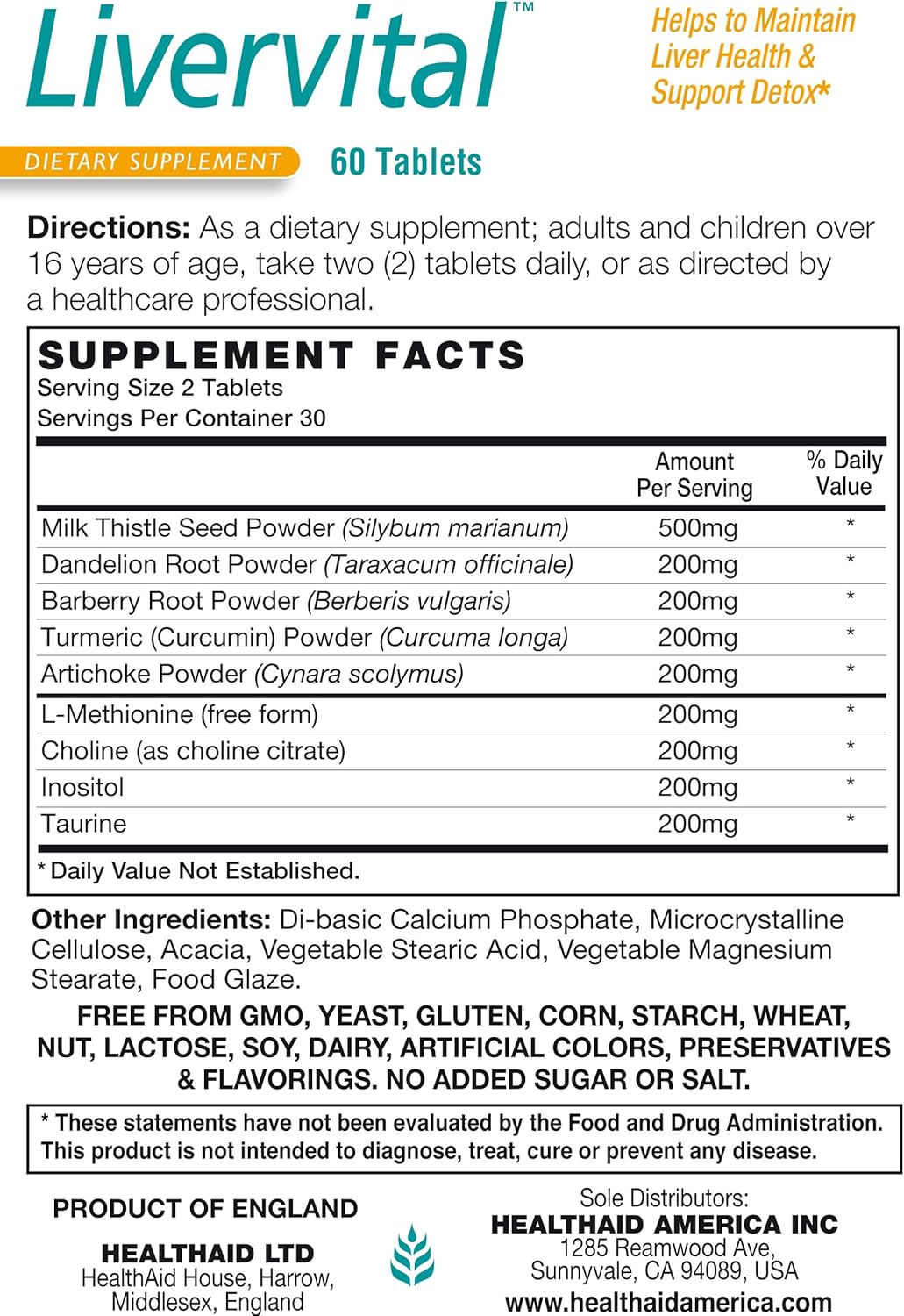 LiverVital by HealthAid - 60ct, Supports Liver Health, Reduces Toxins, Detox Support, Herbal Formula, Vegetarian