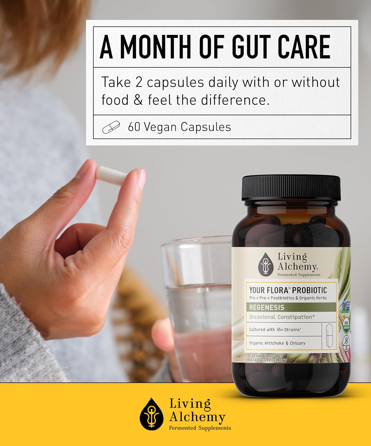 Living Alchemy Your Flora Probiotic Regenesis Capsules - Non-GMO Blend with Fermented Soybean, Artichoke, & Chicory for Gut Health, Prebiotics, Postbiotics, Digestive Enzymes - 60 Count