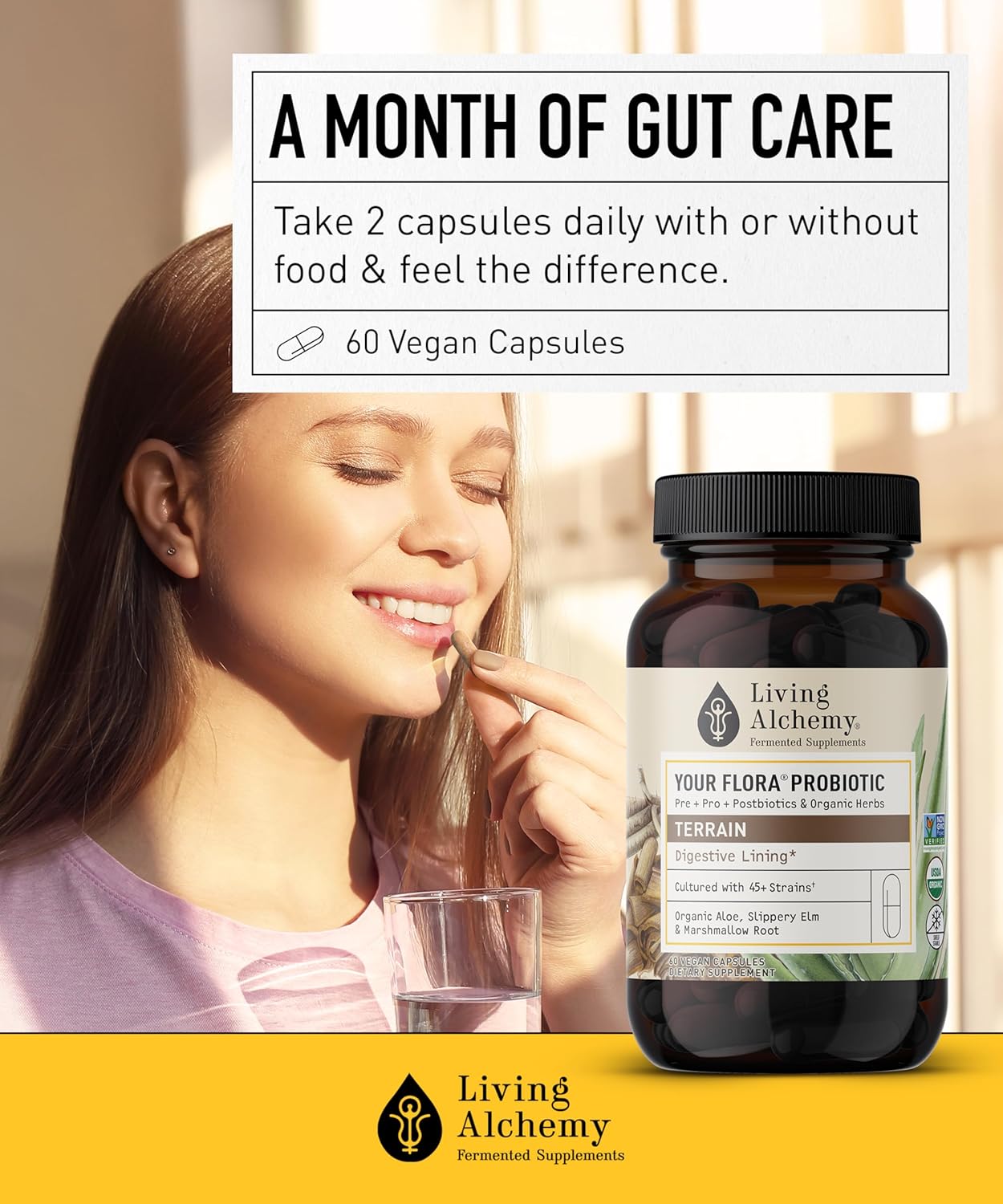 Living Alchemy Your Flora Probiotic Terrain: Non-GMO Digestive Supplement with Fermented Soybean, Aloe Vera, Slippery Elm - 60 Capsules
