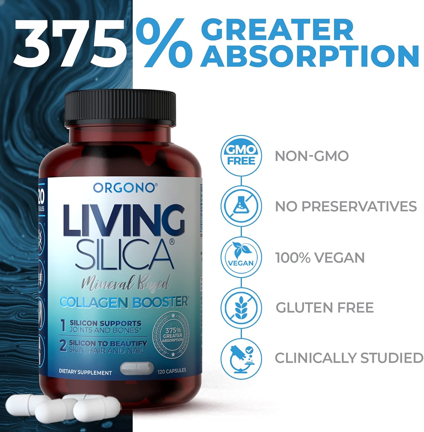 Living Silica Collagen Booster Capsules - High Absorption for Joint & Bone Support, Glowing Skin, Hair & Nails - 120 Count