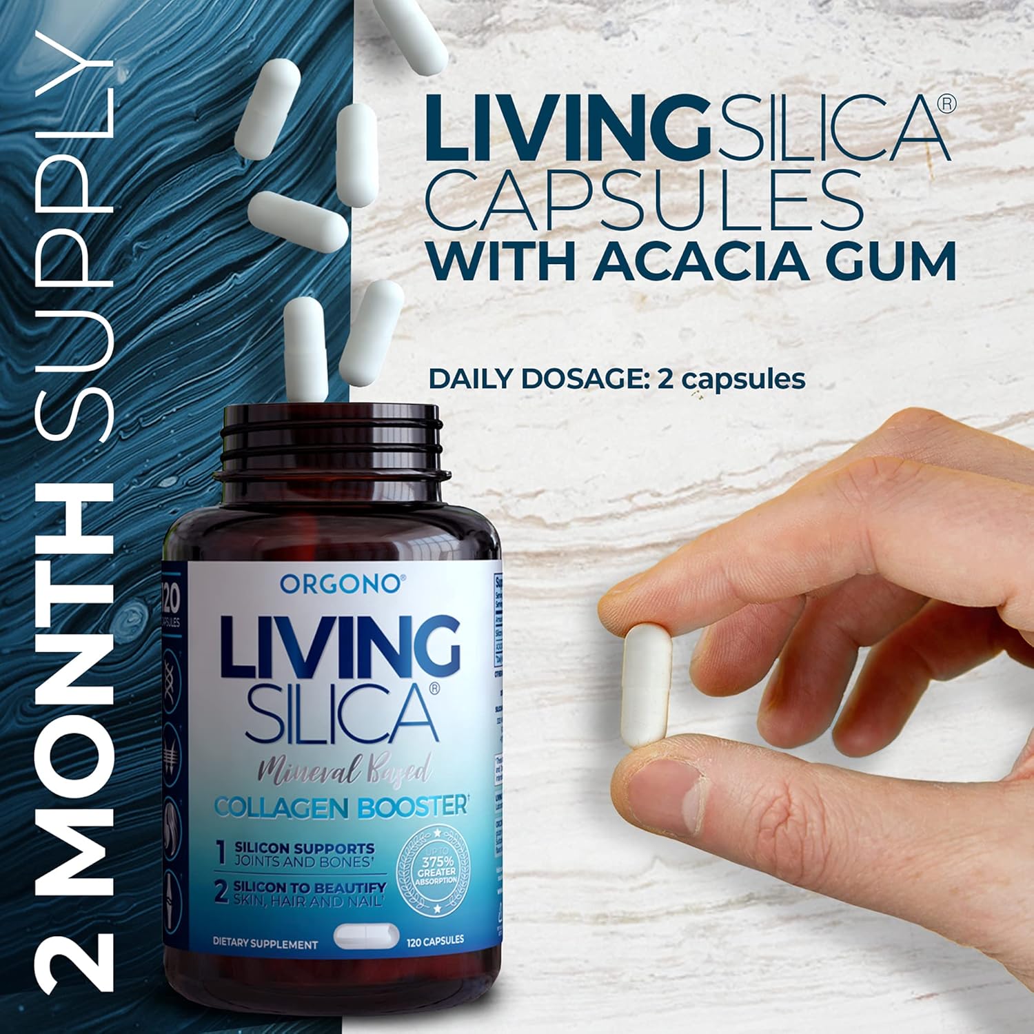 Living Silica Collagen Booster Capsules - High Absorption for Joint & Bone Support, Glowing Skin, Hair & Nails - 120 Count