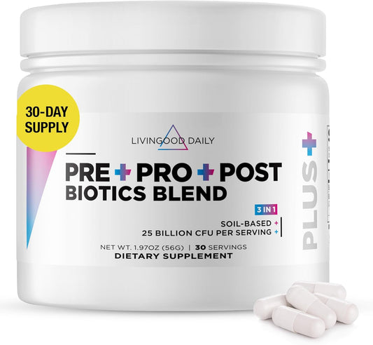 Livingood Daily Pre Pro Post Biotics Powder with Blue Agave Prebiotics & SBO Probiotics - Digestive Health Supplement for Women & Men - Non-GMO Gut Health Support, 30 Servings