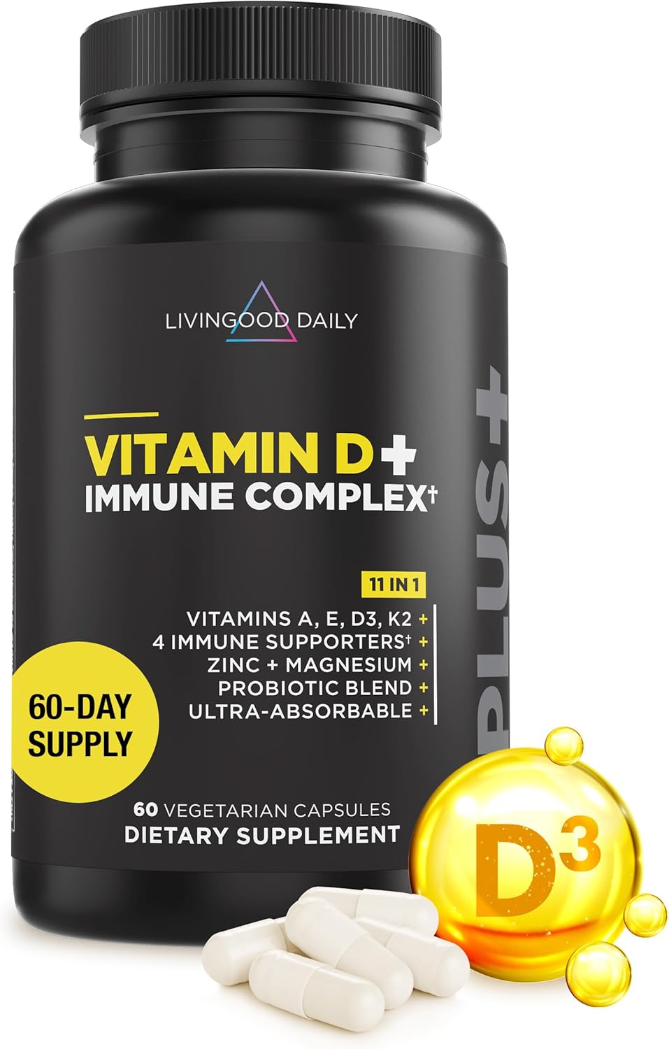 Livingood Daily Vitamin D3 K2 4000 IU Supplement - Immune Support with 9 Essential Nutrients - 60 Capsules