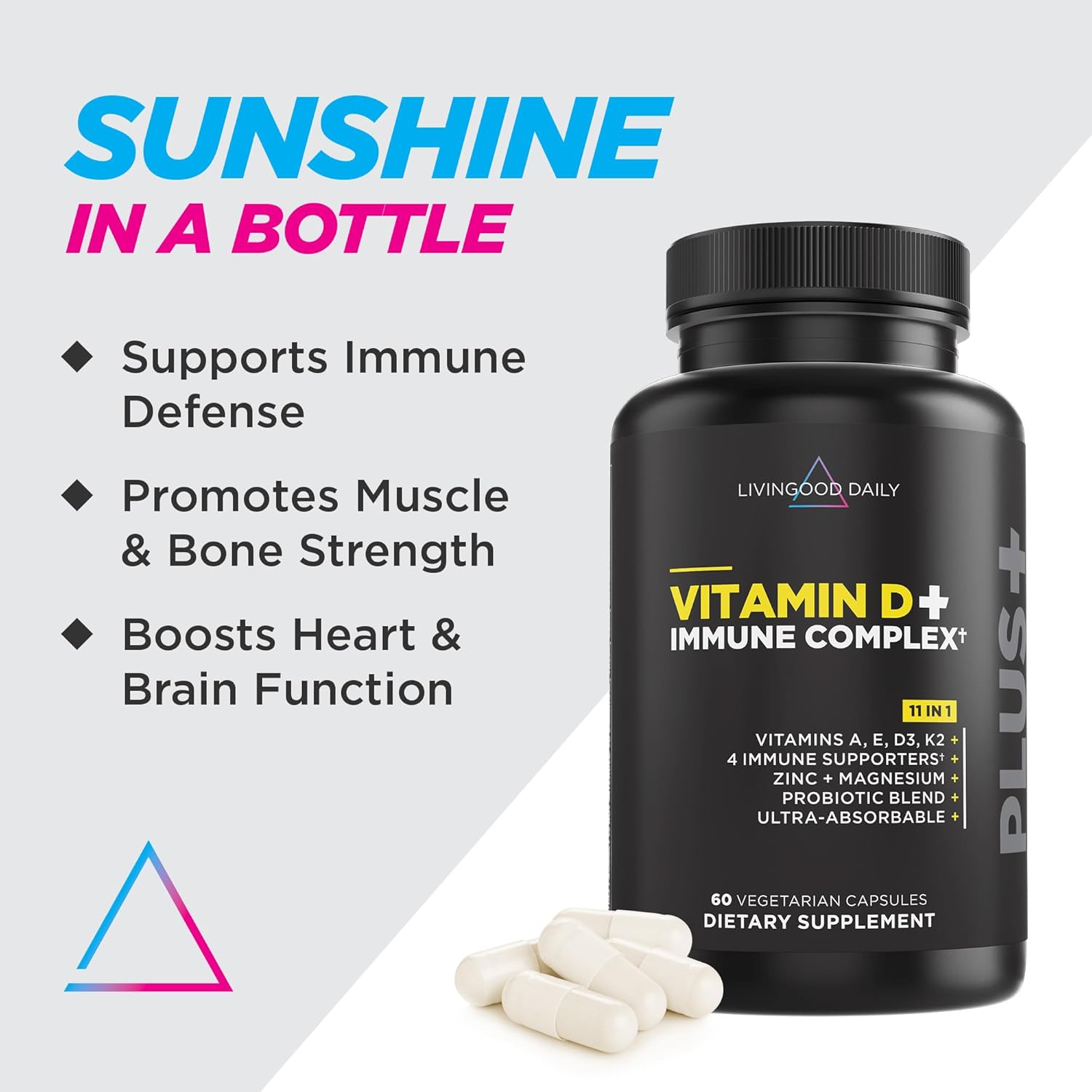 Livingood Daily Vitamin D3 K2 4000 IU Supplement - Immune Support with 9 Essential Nutrients - 60 Capsules