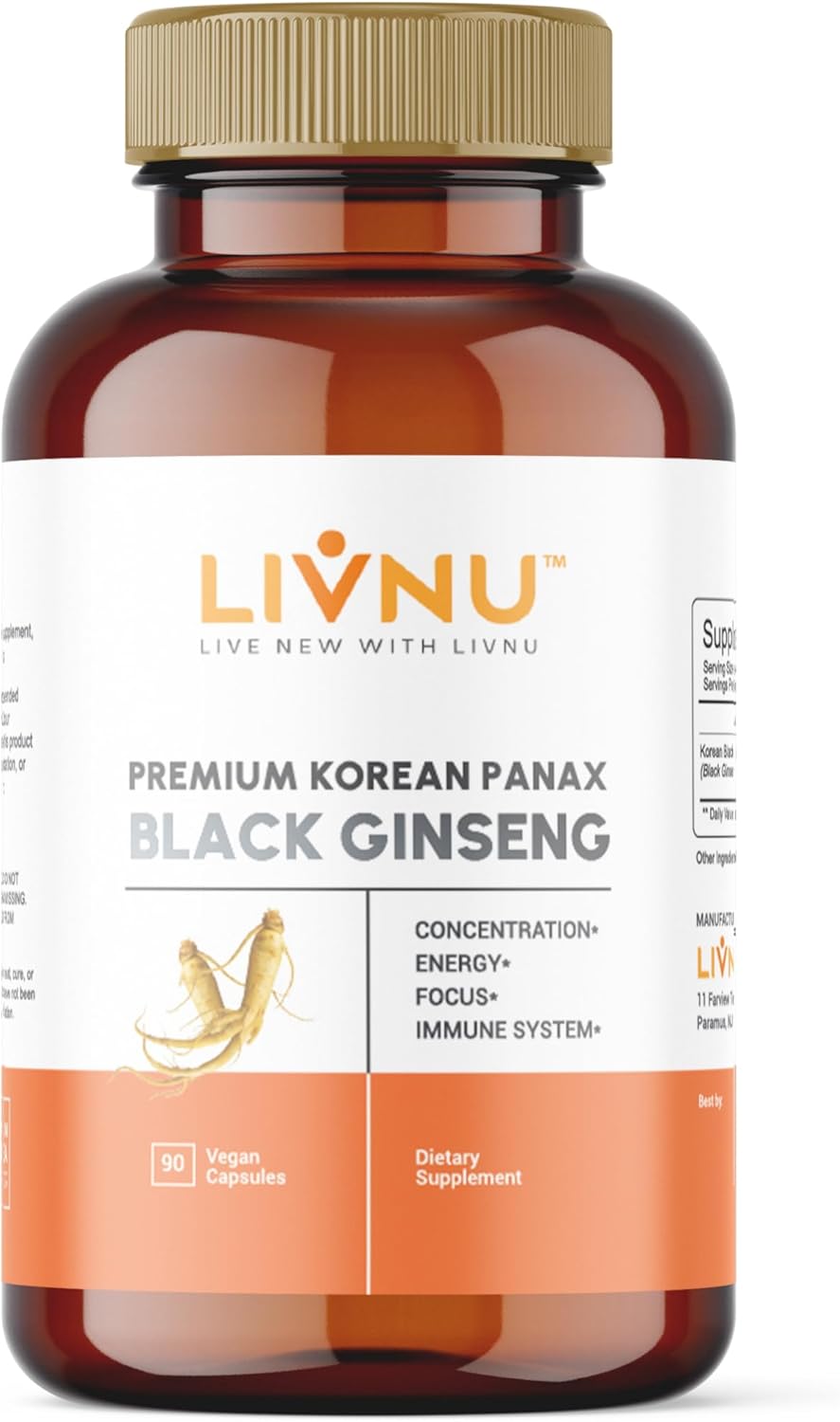 LivNu Premium Korean Black Panax Ginseng Capsules - High Ginsenosides for Energy, Focus, Performance, Stamina, and Immune Support - Vegan Formula