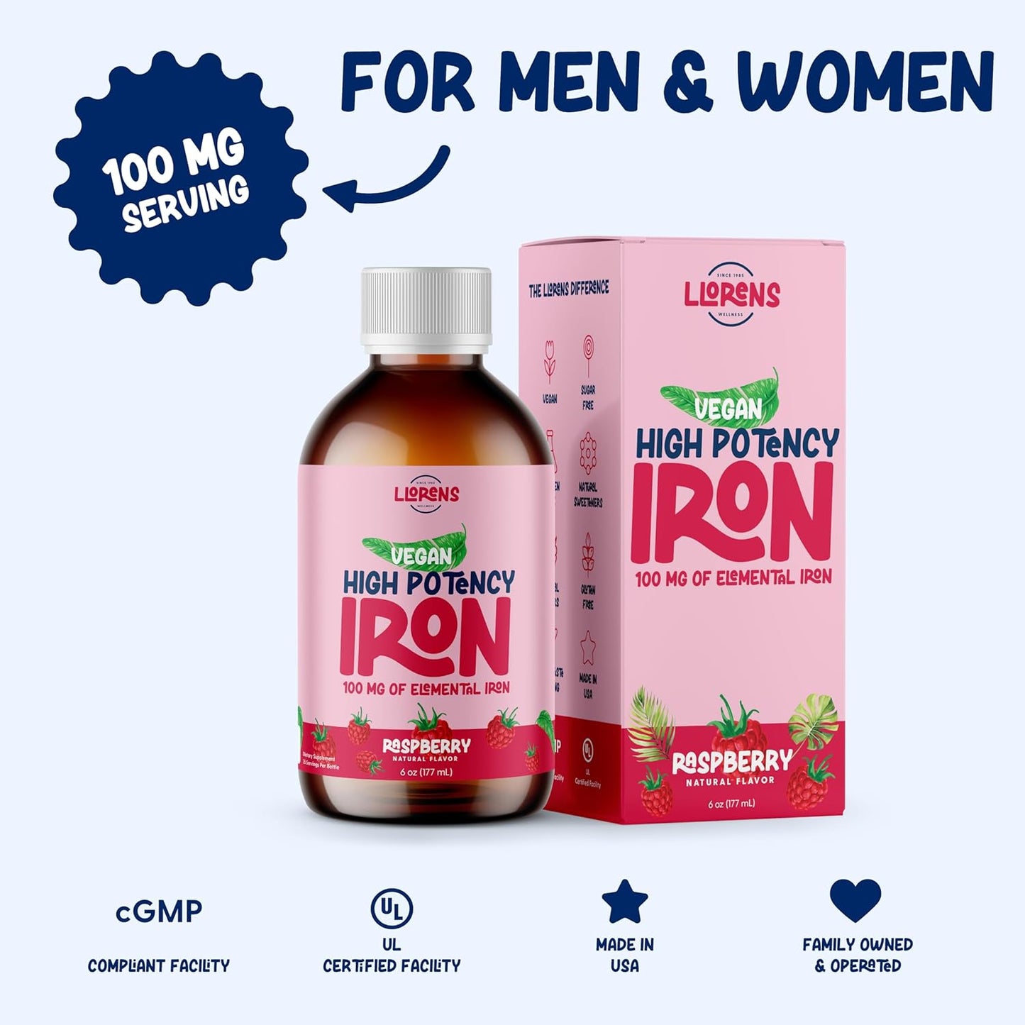 Llorens Hematex Liquid Iron Supplement - 100mg Polysaccharide Iron Complex, Raspberry Flavor, High Potency Iron for Women & Adults, Anemia & Iron Deficiency Support - 6 oz