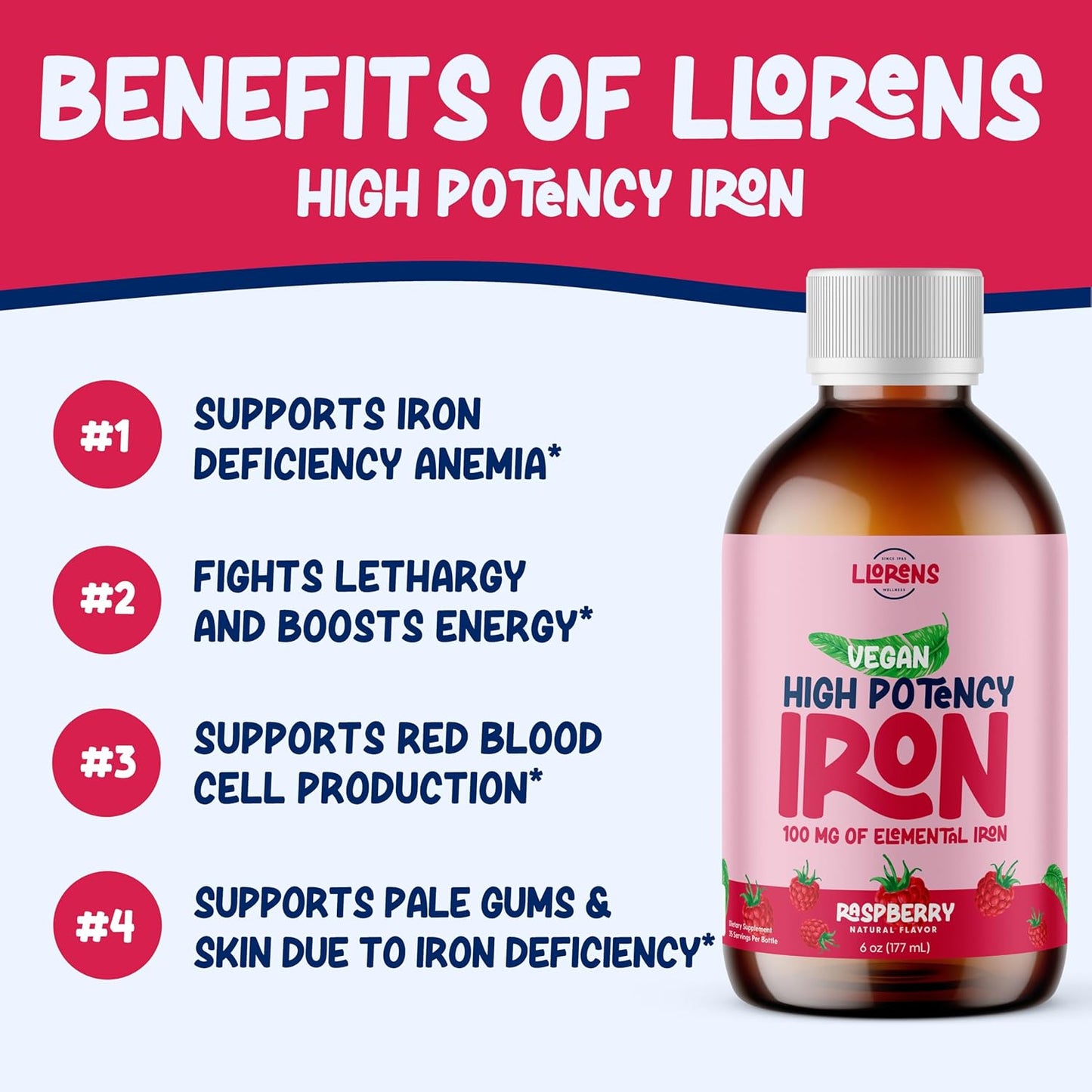 Llorens Hematex Liquid Iron Supplement - 100mg Polysaccharide Iron Complex, Raspberry Flavor, High Potency Iron for Women & Adults, Anemia & Iron Deficiency Support - 6 oz