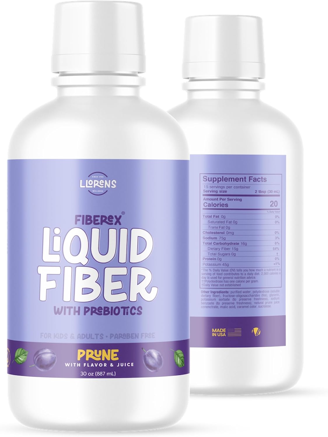 LLORENS PHARMACEUTICAL Prune Flavored Liquid Fiber with 15g Soluble Fiber for Regularity and Soft Stools - 30 FL oz