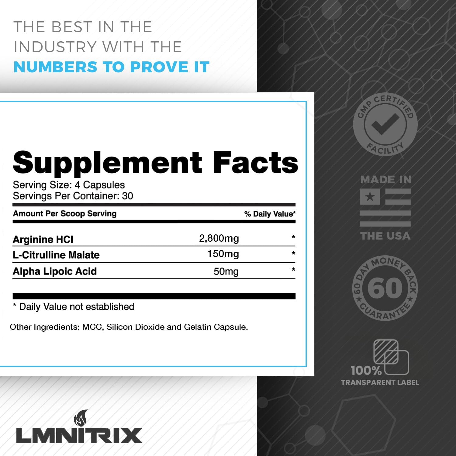 LMNITRIX VEINZ Nitric Oxide Booster Pills with L-Arginine, L-Citrulline, and ALA - Top Muscle Mass Supplement for Men - 120 Capsules