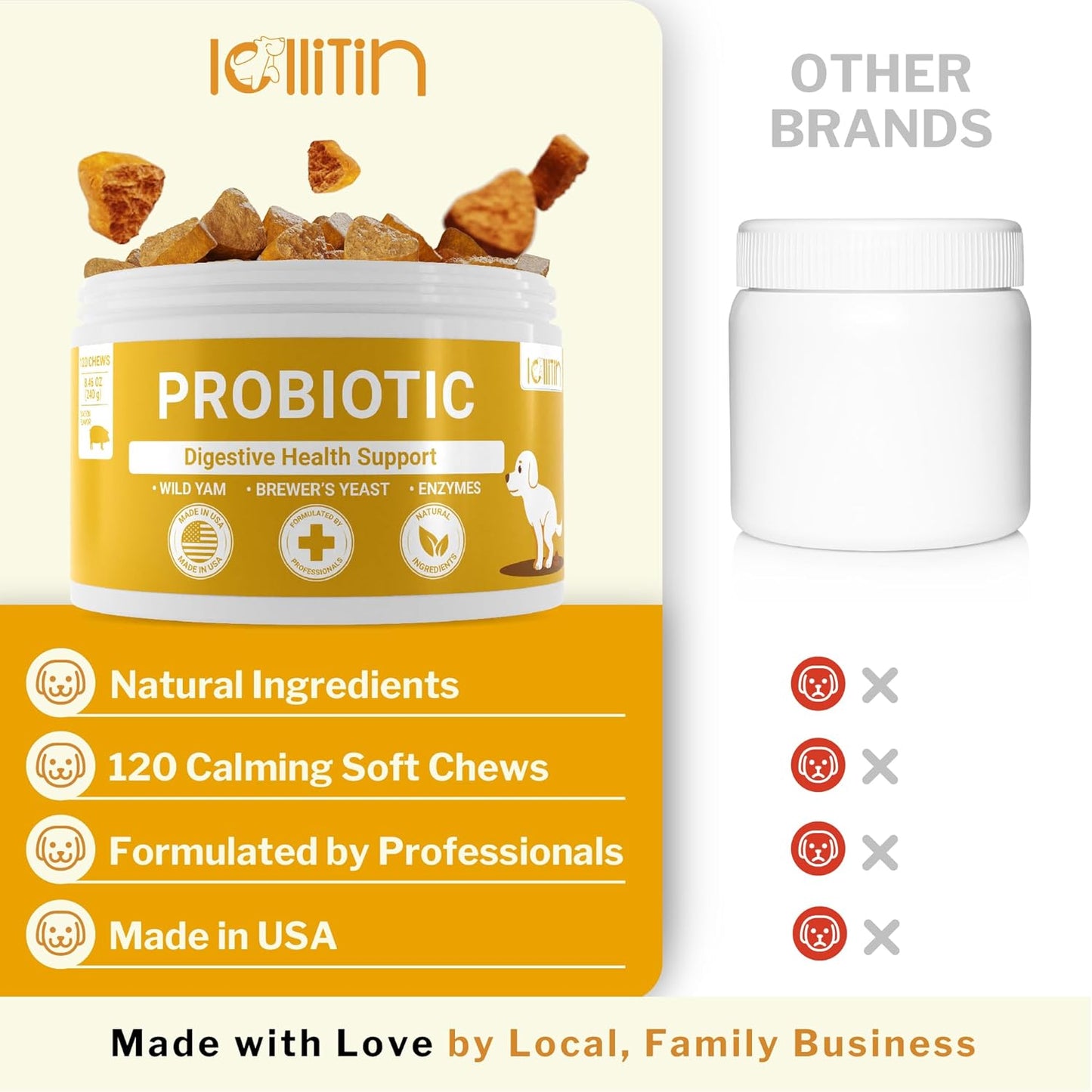 Lollitin Probiotic Chews for Dogs - Bacon Flavor, 120 Count - Natural Gut & Digestive Health Support with Prebiotics, Fiber, Enzymes - Immune Boost & Diarrhea Relief