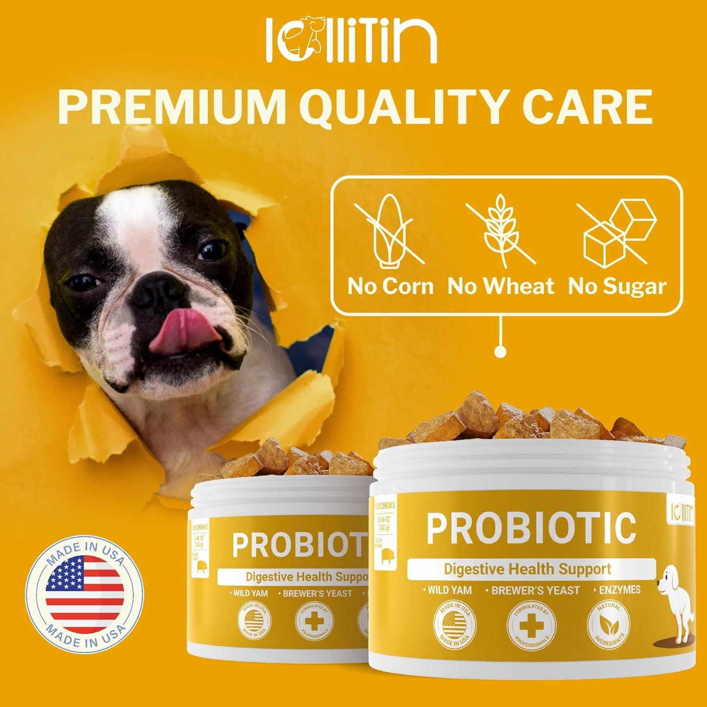 Lollitin Probiotic Chews for Dogs - Bacon Flavor, 120 Count - Natural Gut & Digestive Health Support with Prebiotics, Fiber, Enzymes - Immune Boost & Diarrhea Relief
