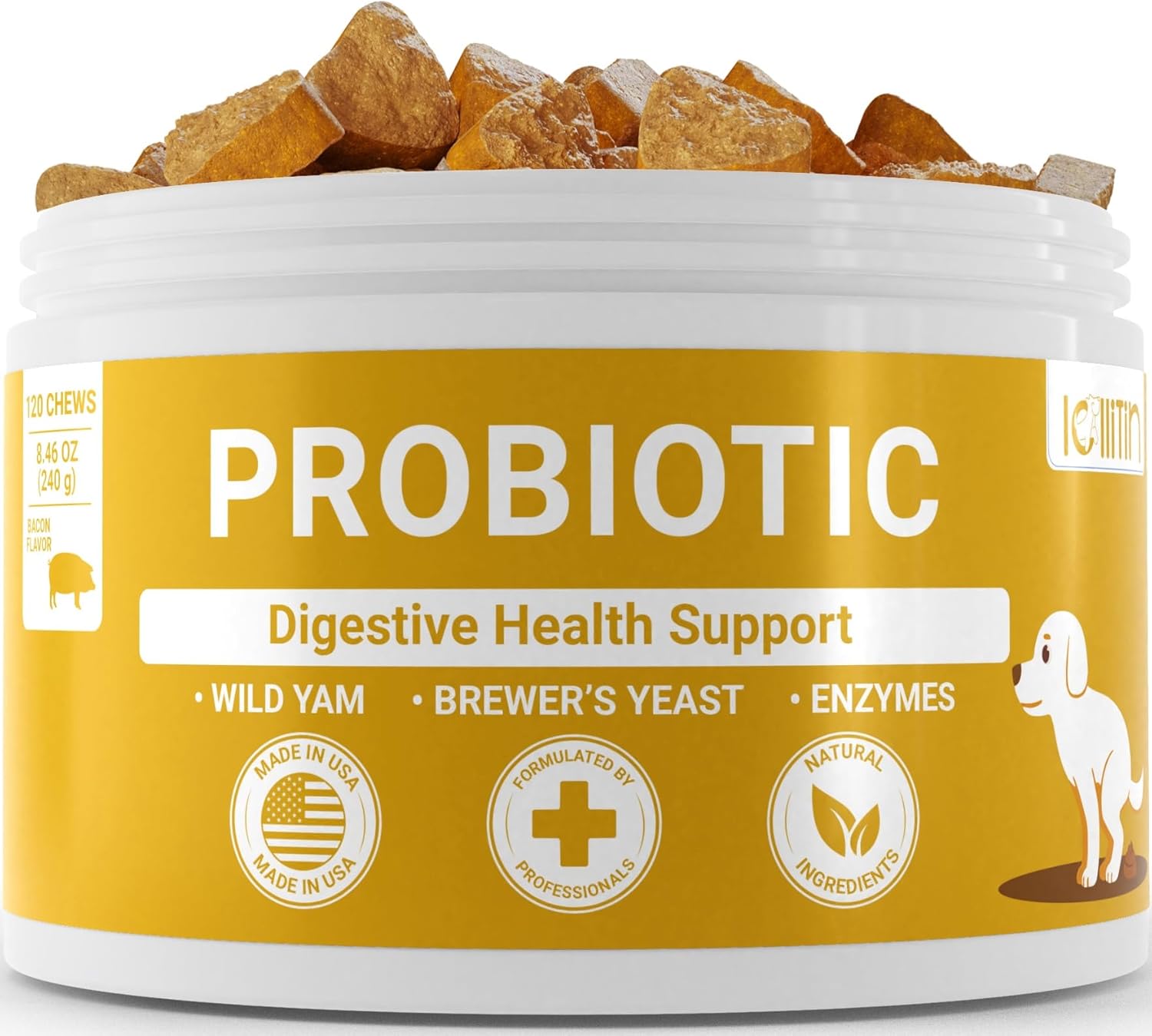 Lollitin Probiotic Chews for Dogs - Bacon Flavor, 120 Count - Natural Gut & Digestive Health Support with Prebiotics, Fiber, Enzymes - Immune Boost & Diarrhea Relief