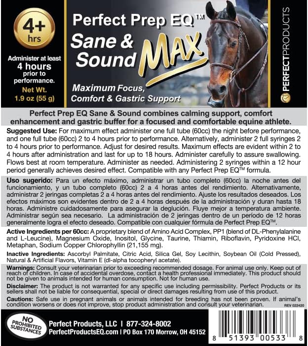 Long-Acting Max Strength Horse Calming Paste for Soundness and Anxiety, Show Safe 60cc - Perfect Prep EQ Sane and Sound MAX