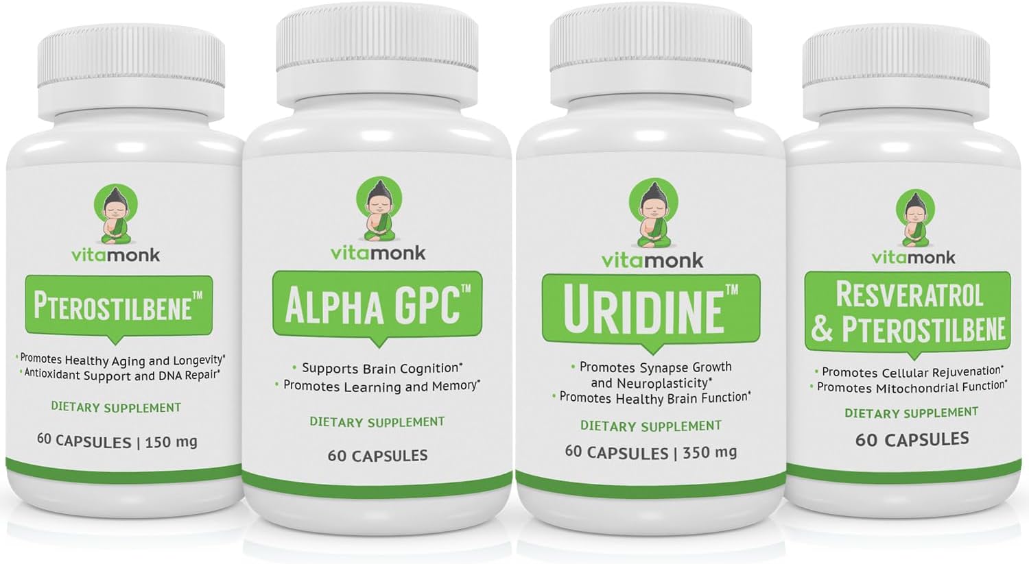 Longevity and Brain Boosting Stack with Resveratrol, Pterostilbene, Alpha GPC, and Uridine - VitaMonk Bundle