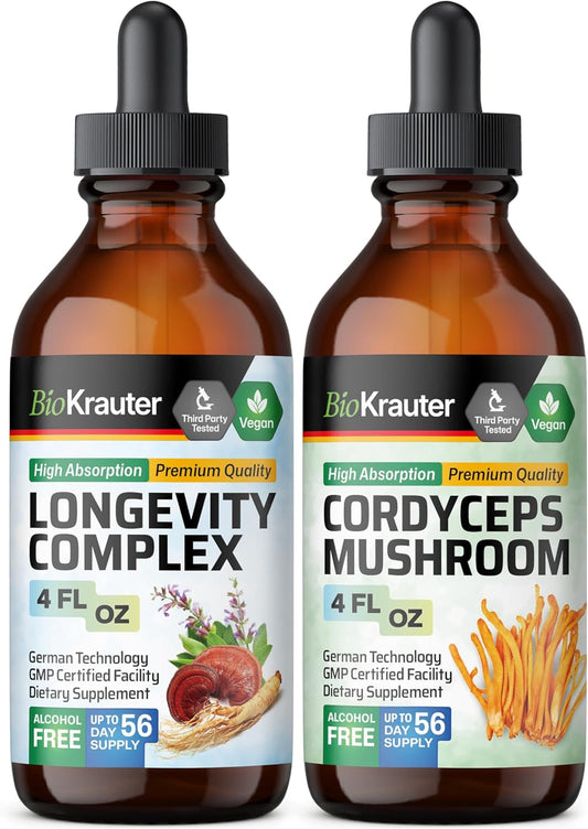 Longevity and Cordyceps Mushroom Tinctures - 4 Fl. Oz. Each for Immune Support and Longevity Boost