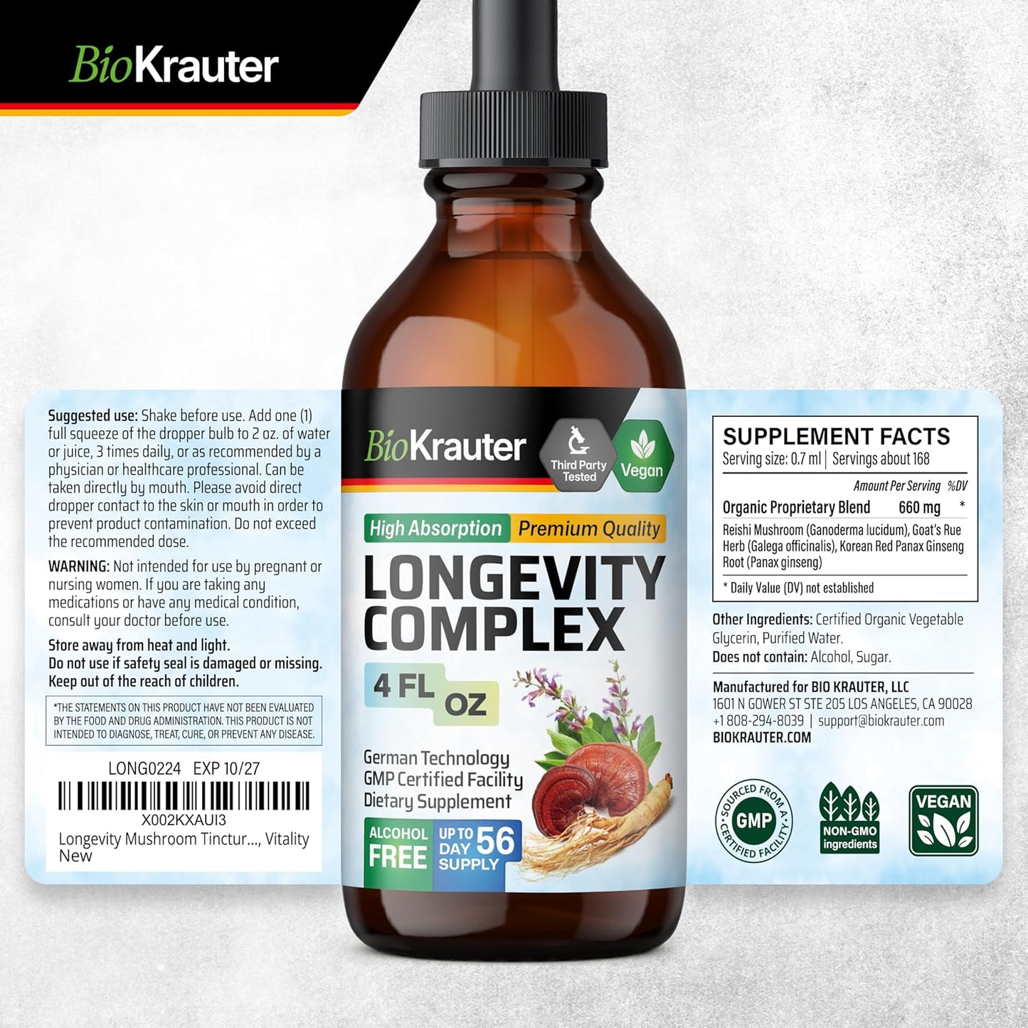 Longevity and Cordyceps Mushroom Tinctures - 4 Fl. Oz. Each for Immune Support and Longevity Boost