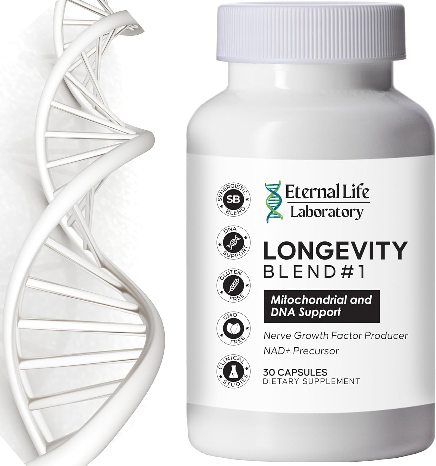 Longevity Blend NAD+ Supplement with CoQ10, PQQ, Nicotinamide Riboside, Shilajit - DNA Support, Anti Aging Skin & Cellular Vitality - 30 Capsules