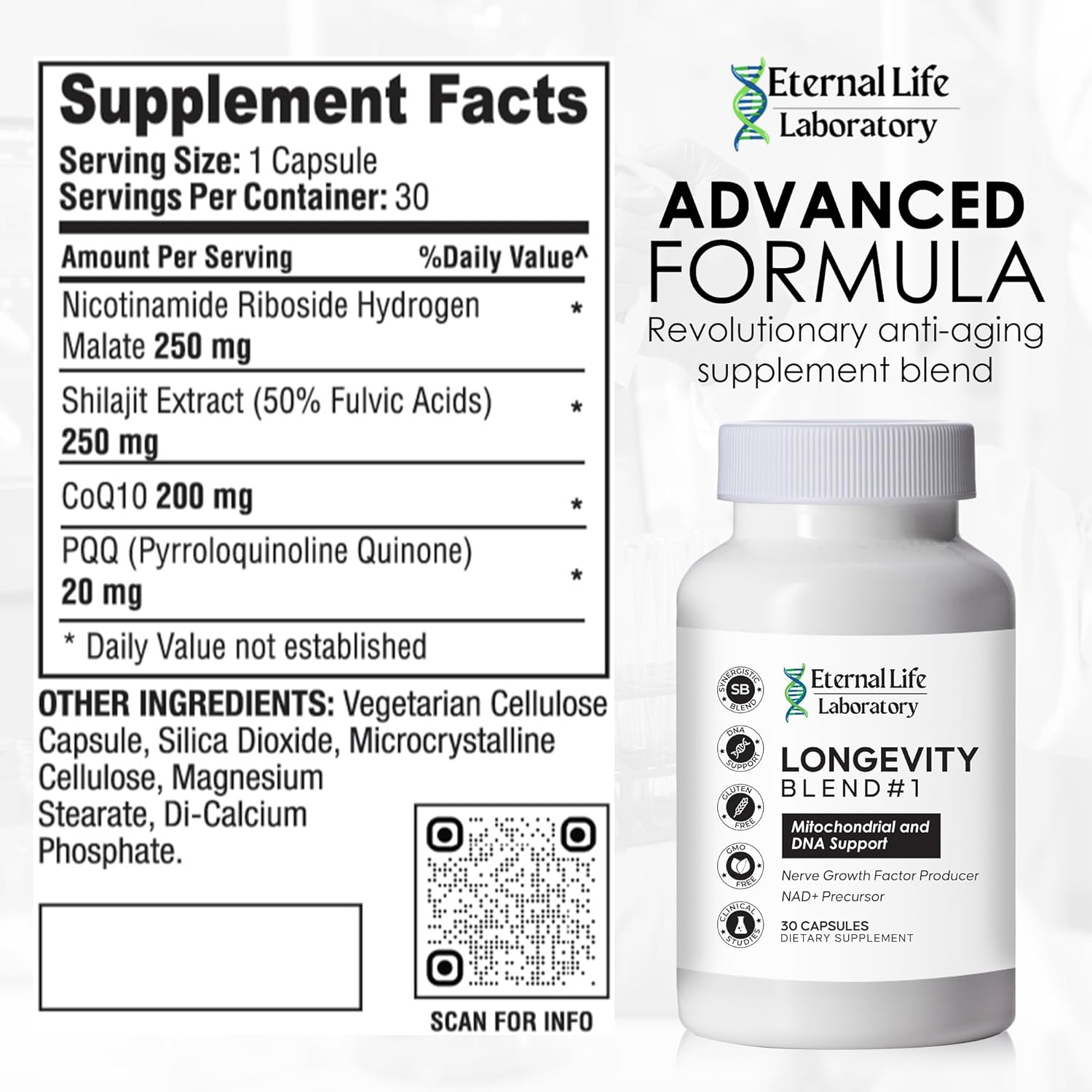 Longevity Blend NAD+ Supplement with CoQ10, PQQ, Nicotinamide Riboside, Shilajit - DNA Support, Anti Aging Skin & Cellular Vitality - 30 Capsules