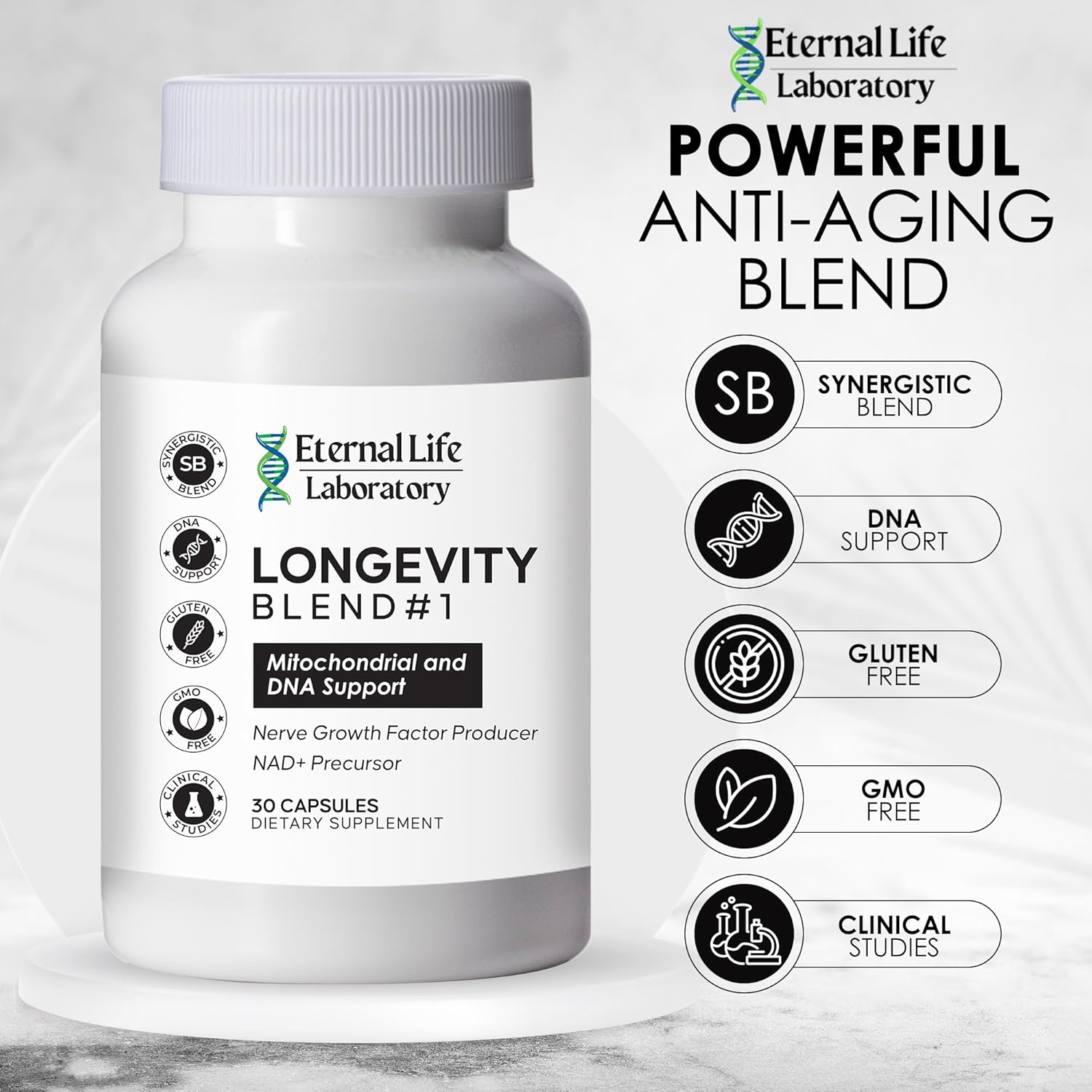 Longevity Blend NAD+ Supplement with CoQ10, PQQ, Nicotinamide Riboside, Shilajit - DNA Support, Anti Aging Skin & Cellular Vitality - 30 Capsules