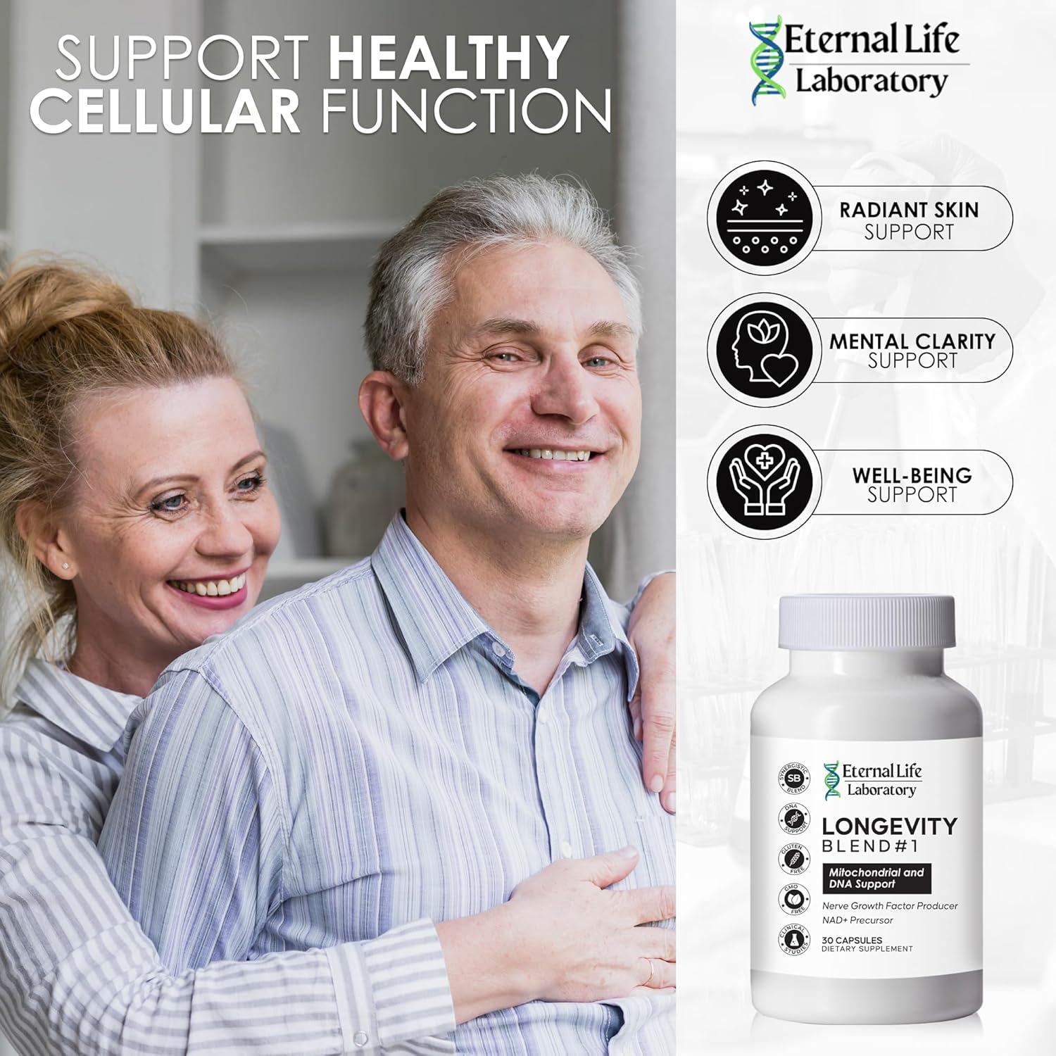 Longevity Blend NAD+ Supplement with CoQ10, PQQ, Nicotinamide Riboside, Shilajit - DNA Support, Anti Aging Skin & Cellular Vitality - 30 Capsules