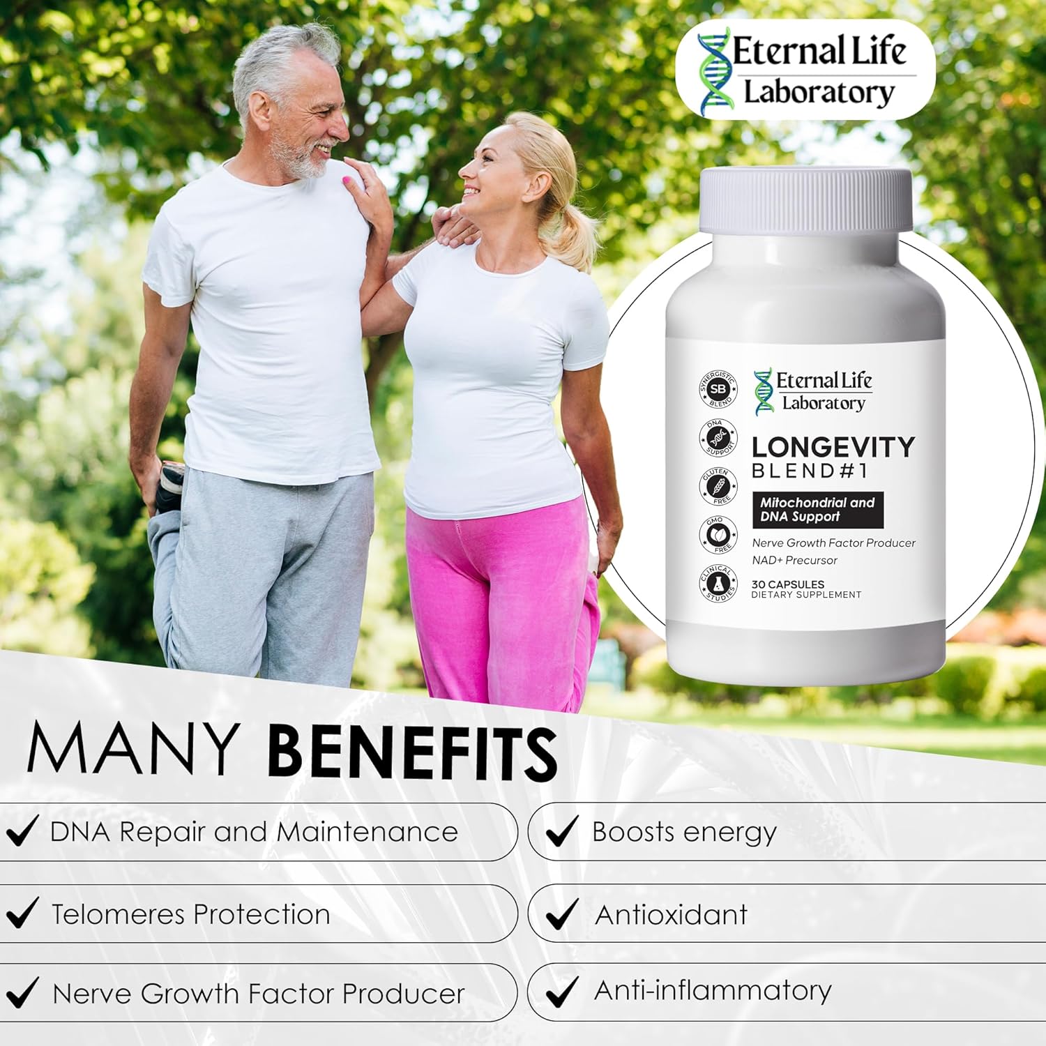 Longevity Blend NAD+ Supplement with CoQ10, PQQ, Nicotinamide Riboside, Shilajit - DNA Support, Anti Aging Skin & Cellular Vitality - 30 Capsules