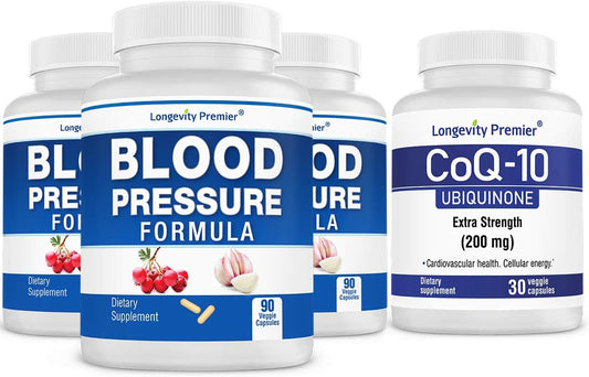 Longevity Blood Pressure Formula Value Pack - 3 Bottles + Free CoQ10 - 90 caps Each