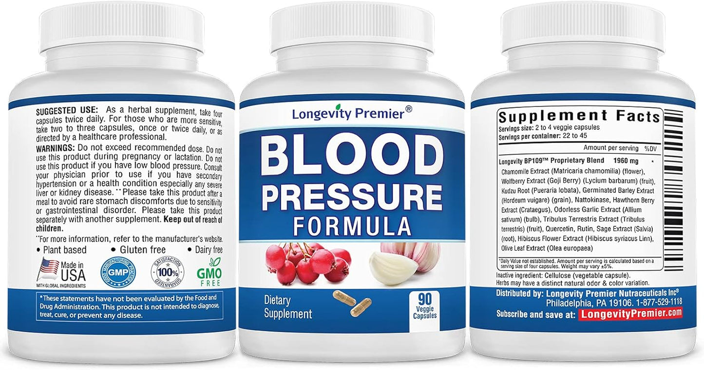 Longevity Blood Pressure Formula Value Pack - 3 Bottles + Free CoQ10 - 90 caps Each