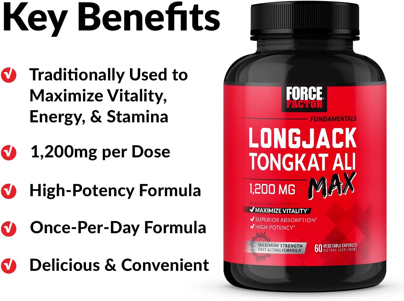 Longjack Tongkat Ali Max Supplement for Men - Male Stamina and Vitality Booster with Natural Ingredients - 1200mg, 120 Capsules (2-Pack)