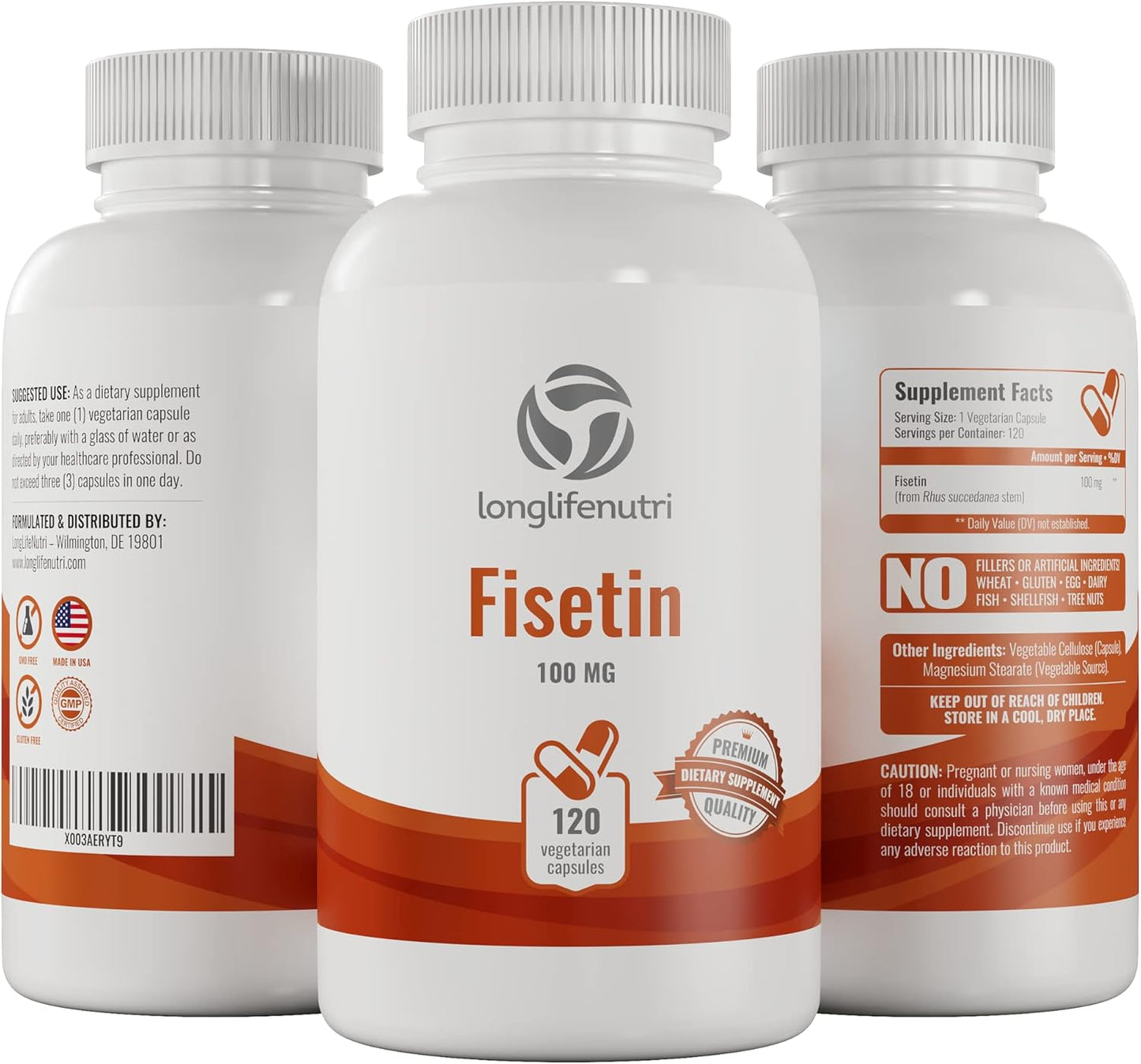 LongLifeNutri Fisetin Supplement Capsules - 100mg, 120 Count, Vegetarian | Natural Bioflavonoid Polyphenols for Aging, Longevity & Energy | Senolytic Sirtuin Activator with Rhus Succedanea