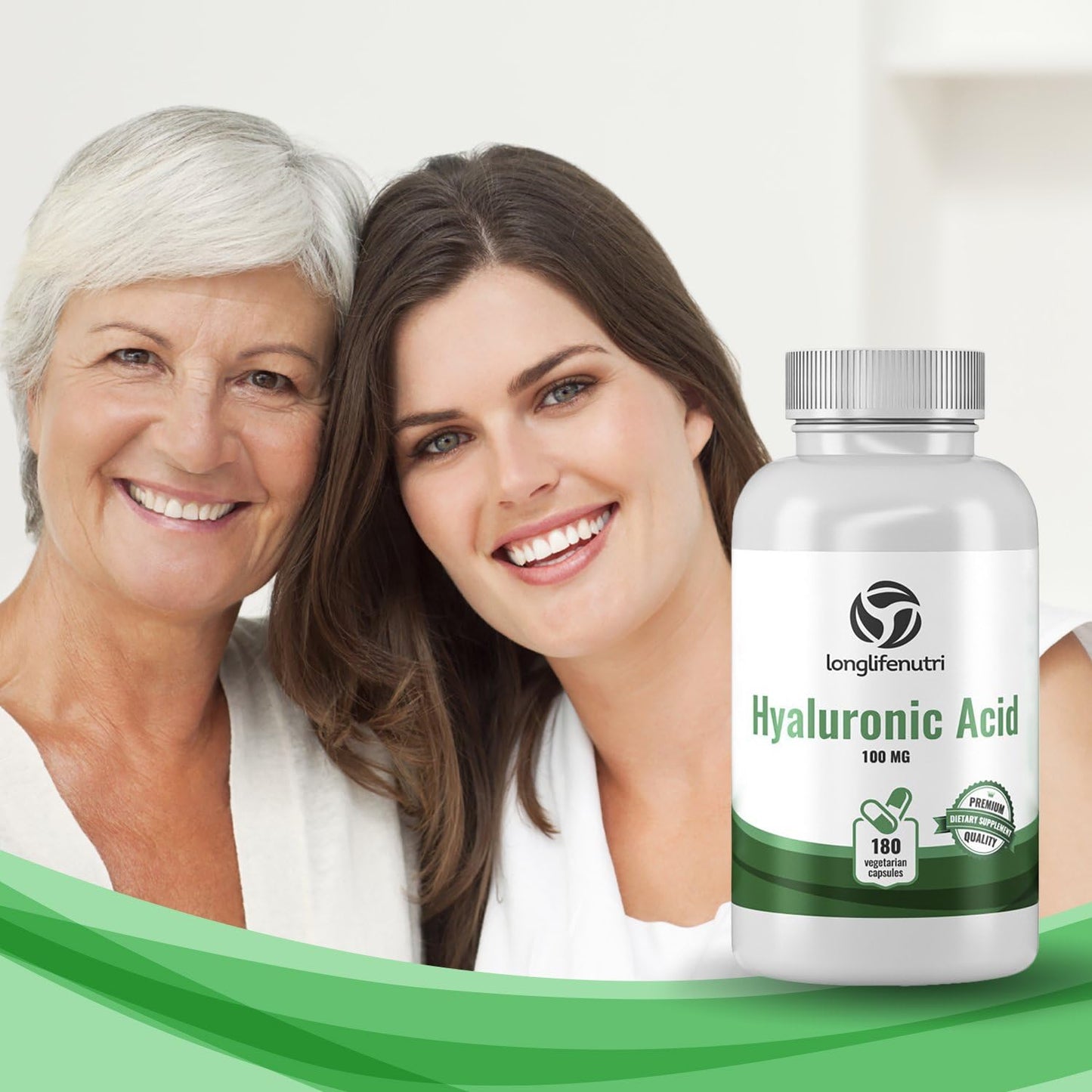 LongLifeNutri Hyaluronic Harmony: 100mg HA, 180 Vegan Capsules for Knee & Joint Health, Skin Elasticity, Anti-Aging
