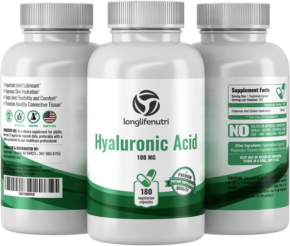 LongLifeNutri Hyaluronic Harmony: 100mg HA, 180 Vegan Capsules for Knee & Joint Health, Skin Elasticity, Anti-Aging