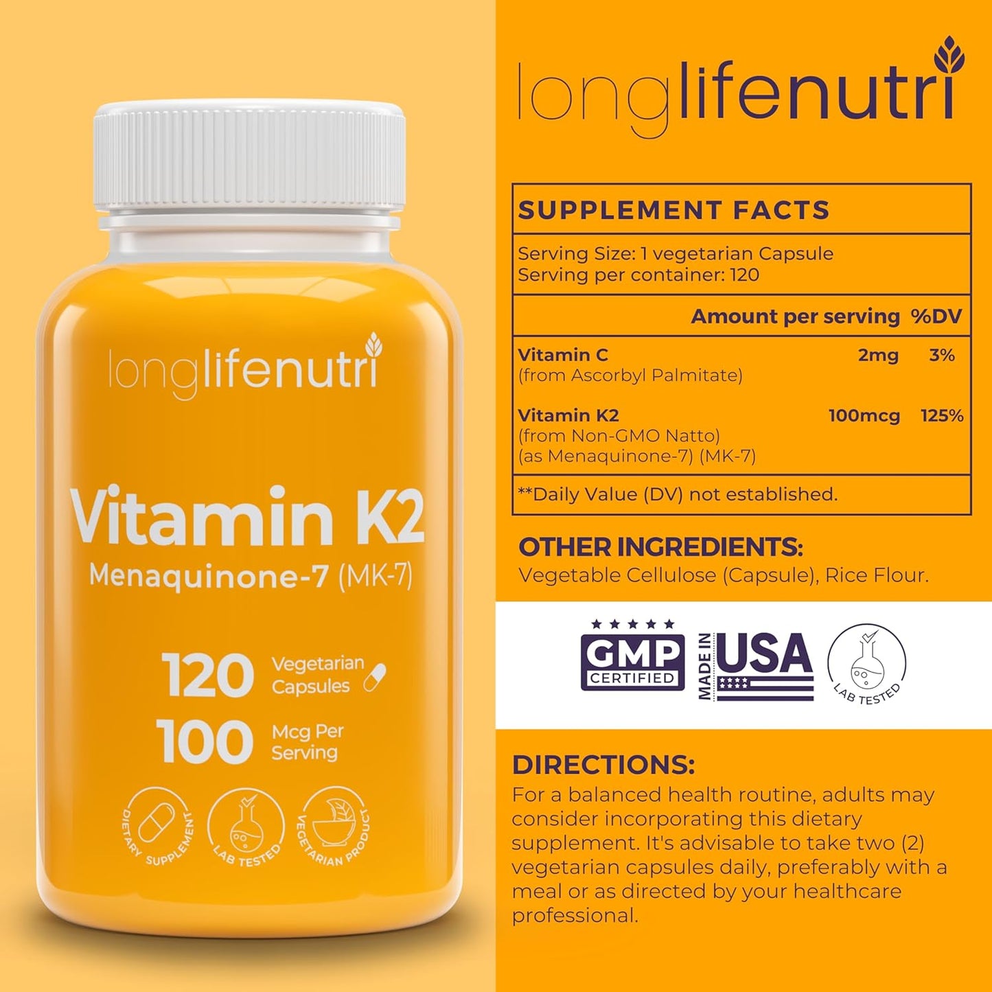 LongLifeNutri Vitamin K2 MK-7 100mcg Capsules - Bone and Circulation Support, 120 Vegetarian Capsules, 4-Month Supply, Lab Tested, USA Made, Non-GMO