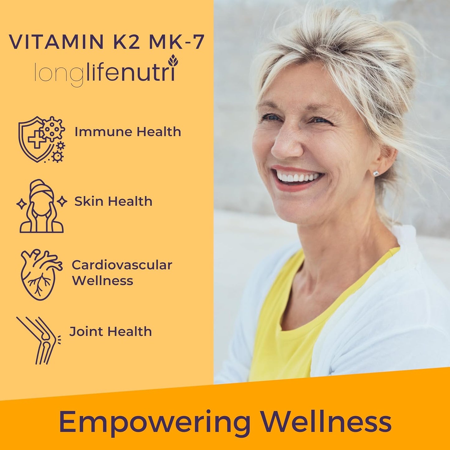 LongLifeNutri Vitamin K2 MK-7 100mcg Capsules - Bone and Circulation Support, 120 Vegetarian Capsules, 4-Month Supply, Lab Tested, USA Made, Non-GMO