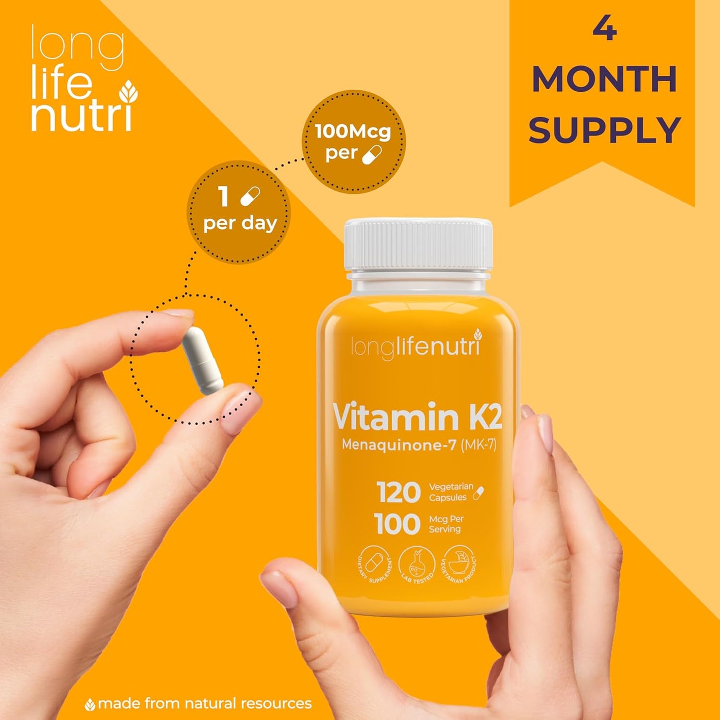 LongLifeNutri Vitamin K2 MK-7 100mcg Capsules - Bone and Circulation Support, 120 Vegetarian Capsules, 4-Month Supply, Lab Tested, USA Made, Non-GMO