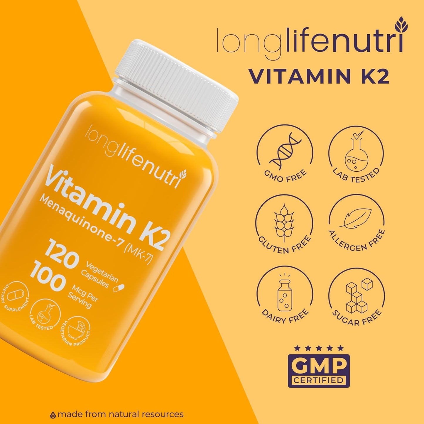 LongLifeNutri Vitamin K2 MK-7 100mcg Capsules - Bone and Circulation Support, 120 Vegetarian Capsules, 4-Month Supply, Lab Tested, USA Made, Non-GMO