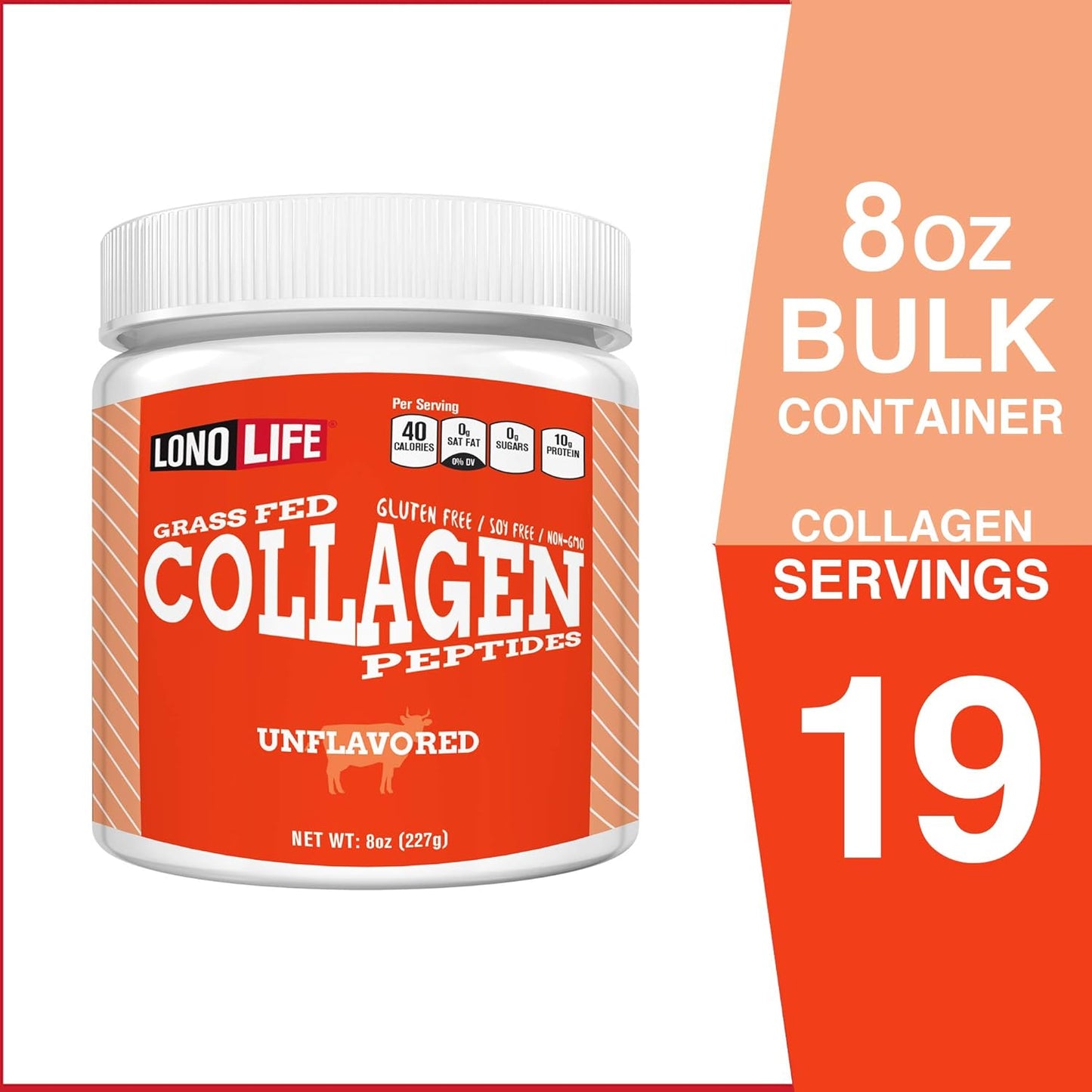 LonoLife Unflavored Collagen Peptides: 10g Protein, Paleo & Keto Friendly, 8oz Bulk Container