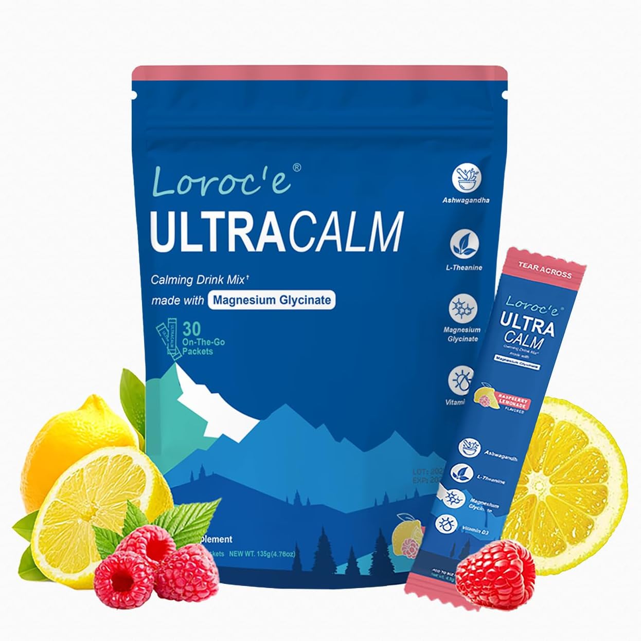 Loroc'e UltraCalm Cortisol Super Drink Powder Mix with Magnesium Glycinate, L-theanine, and Ashwagandha for Women (30 Servings)