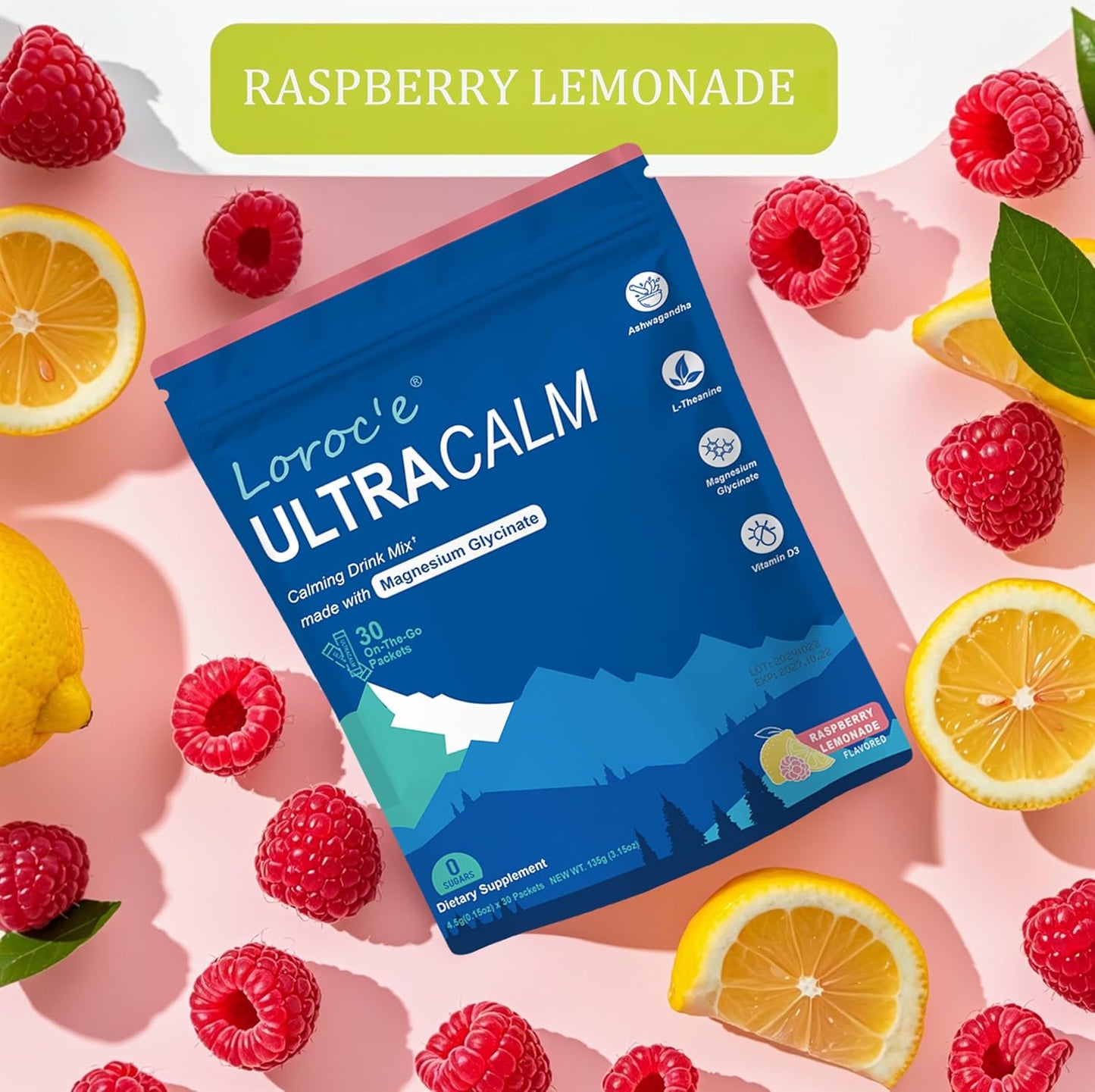 Loroc'e UltraCalm Cortisol Super Drink Powder Mix with Magnesium Glycinate, L-theanine, and Ashwagandha for Women (30 Servings)