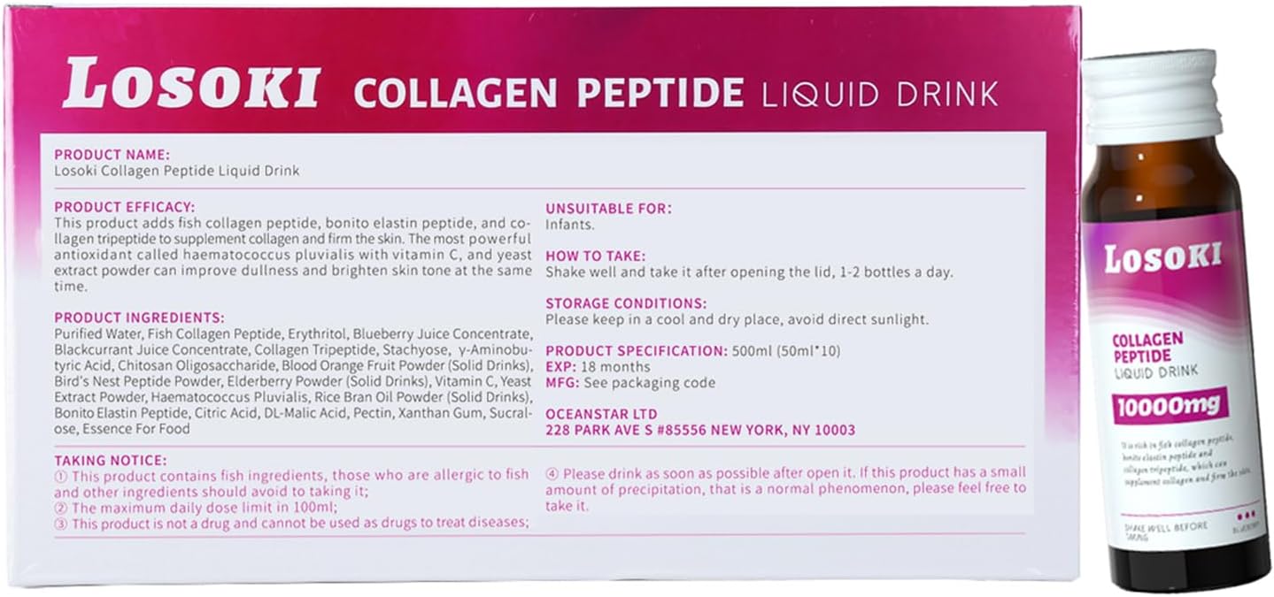 Losoki Liquid Collagen Peptide Drink with 10000mg Hydrolyzed Marine Collagen Peptides and Vitamin C - Premium Blend for Hair, Skin, Nails, Joints, and Bones - 10 Bottles in 1 Box