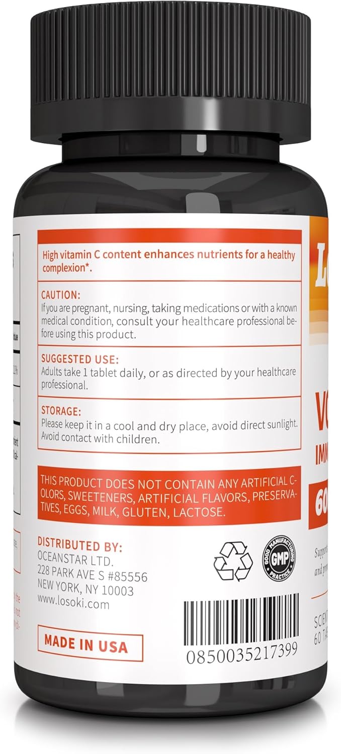 Losoki VC 1000 - High-Potency Vitamin C Tablets for Immune Health & Antioxidant Defense - Buffered Formula with Rose HIPS - 60 Count