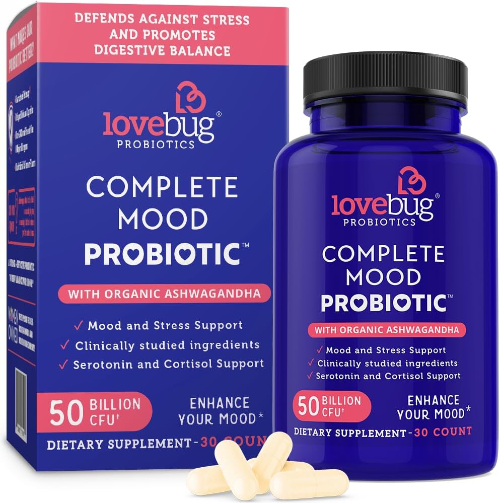 Lovebug Complete Mood Probiotic with 10 Clinically Studied Strains, Ashwagandha for Cortisol & Serotonin Support | Natural Energy & Stress Defense | 30 Count