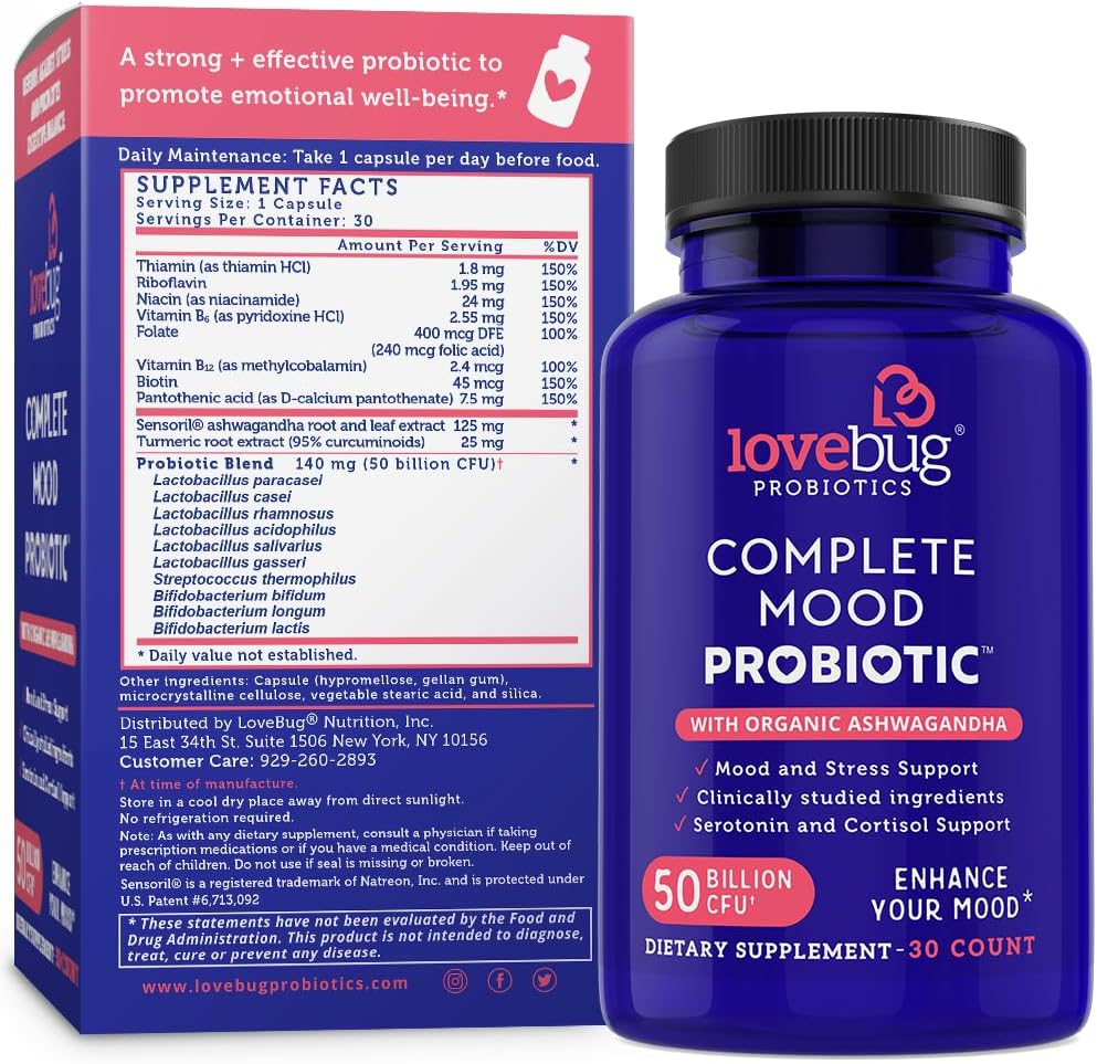 Lovebug Complete Mood Probiotic with 10 Clinically Studied Strains, Ashwagandha for Cortisol & Serotonin Support | Natural Energy & Stress Defense | 30 Count