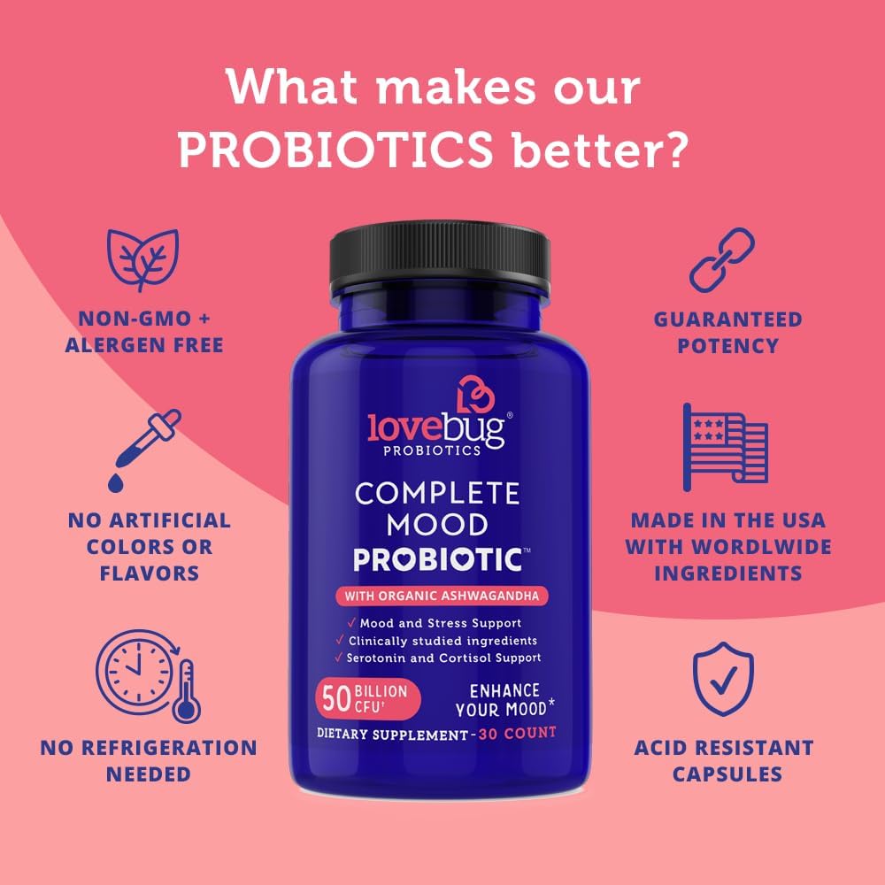 Lovebug Complete Mood Probiotic with 10 Clinically Studied Strains, Ashwagandha for Cortisol & Serotonin Support | Natural Energy & Stress Defense | 30 Count