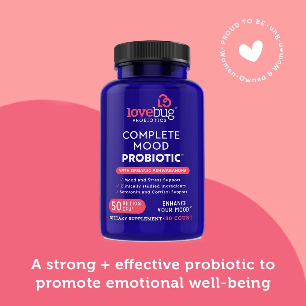 Lovebug Complete Mood Probiotic with 10 Clinically Studied Strains, Ashwagandha for Cortisol & Serotonin Support | Natural Energy & Stress Defense | 30 Count
