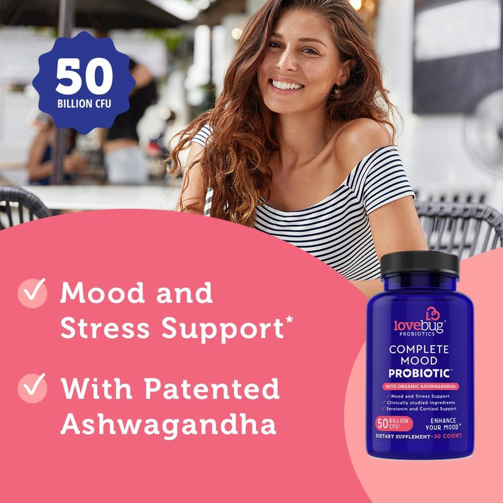 Lovebug Complete Mood Probiotic with 10 Clinically Studied Strains, Ashwagandha for Cortisol & Serotonin Support | Natural Energy & Stress Defense | 30 Count