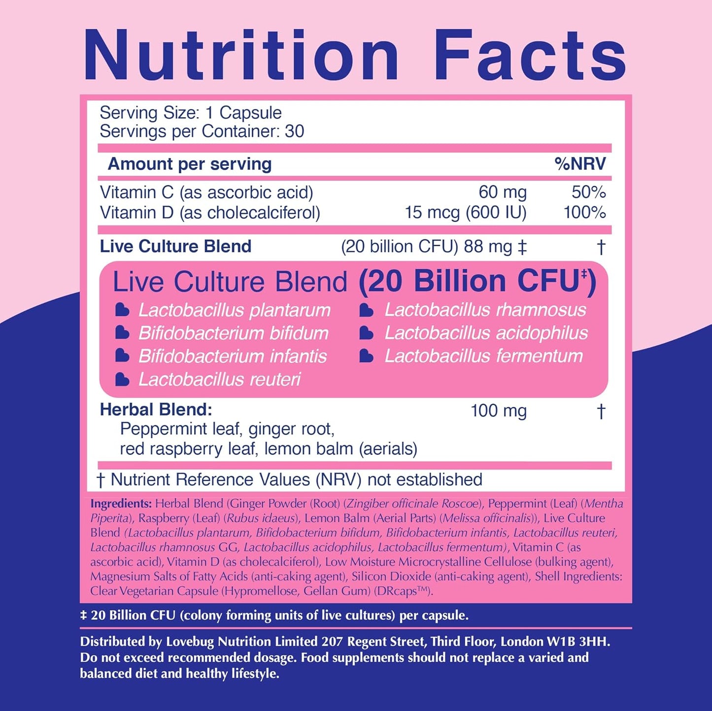 Lovebug Prenatal Probiotic 20 Billion CFU for Morning Sickness & Digestion - 30 Capsules